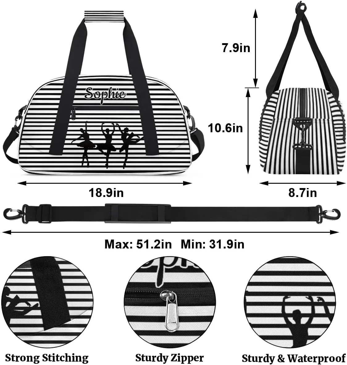 Custom Dance Gym Bags Ballet Personalized Name Sport Overnight Duffel Bags for Girls Weekender Travel Bag Carry On Training Bag, Stripe Abstract Geometric