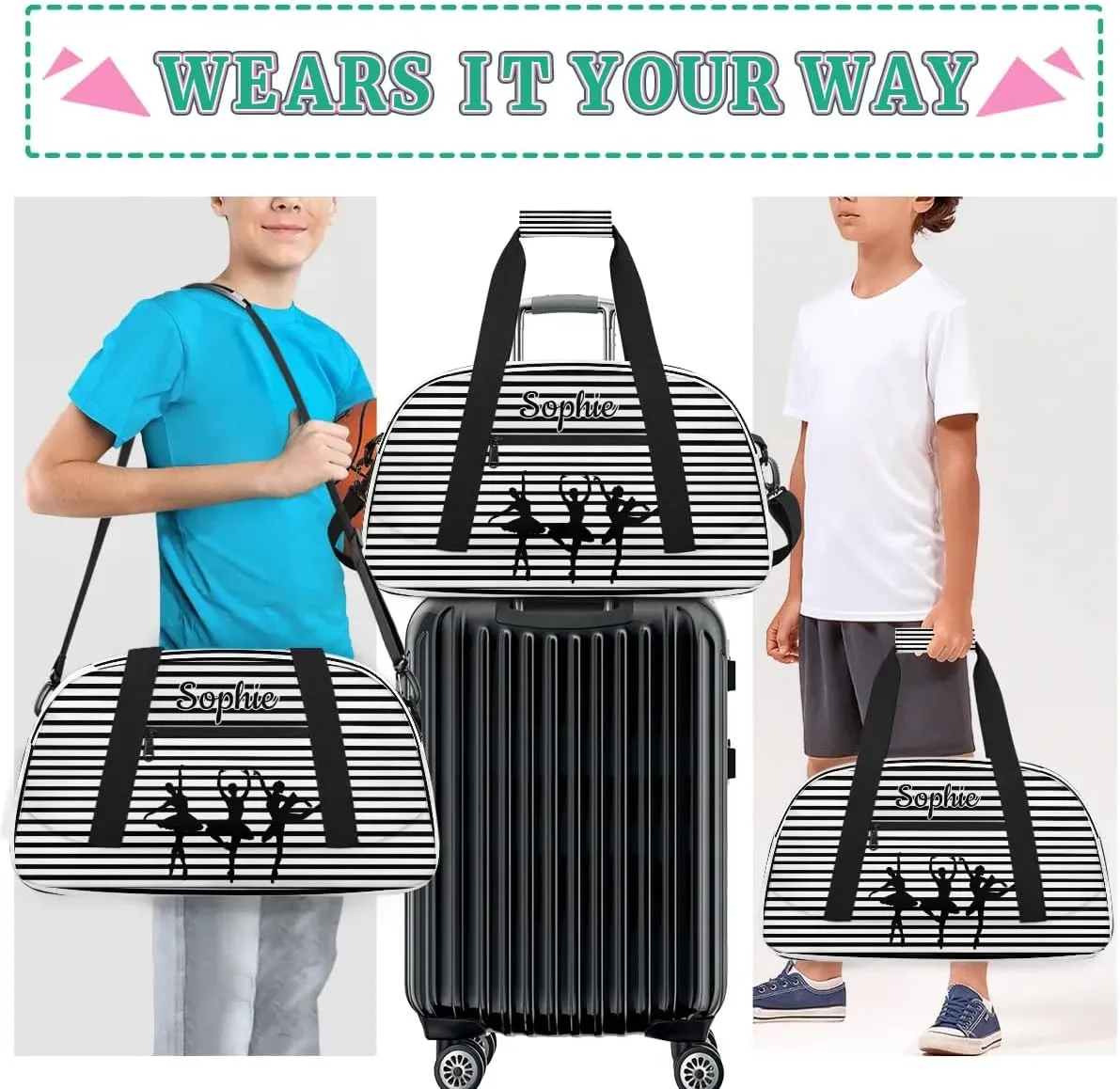 Custom Dance Gym Bags Ballet Personalized Name Sport Overnight Duffel Bags for Girls Weekender Travel Bag Carry On Training Bag, Stripe Abstract Geometric