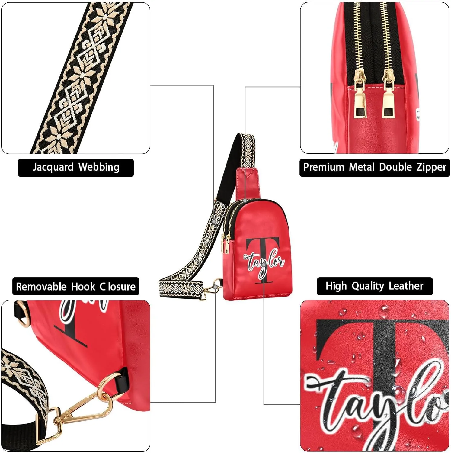 Custom Red Sling Bag for Women Personalized Leather Crossbody Bags Sling Bag Crossbody Purse Cell Phone Purse with Adjustable Strap for Women
