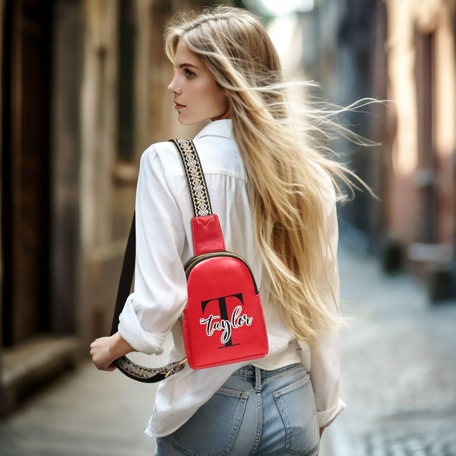 Custom Red Sling Bag for Women Personalized Leather Crossbody Bags Sling Bag Crossbody Purse Cell Phone Purse with Adjustable Strap for Women