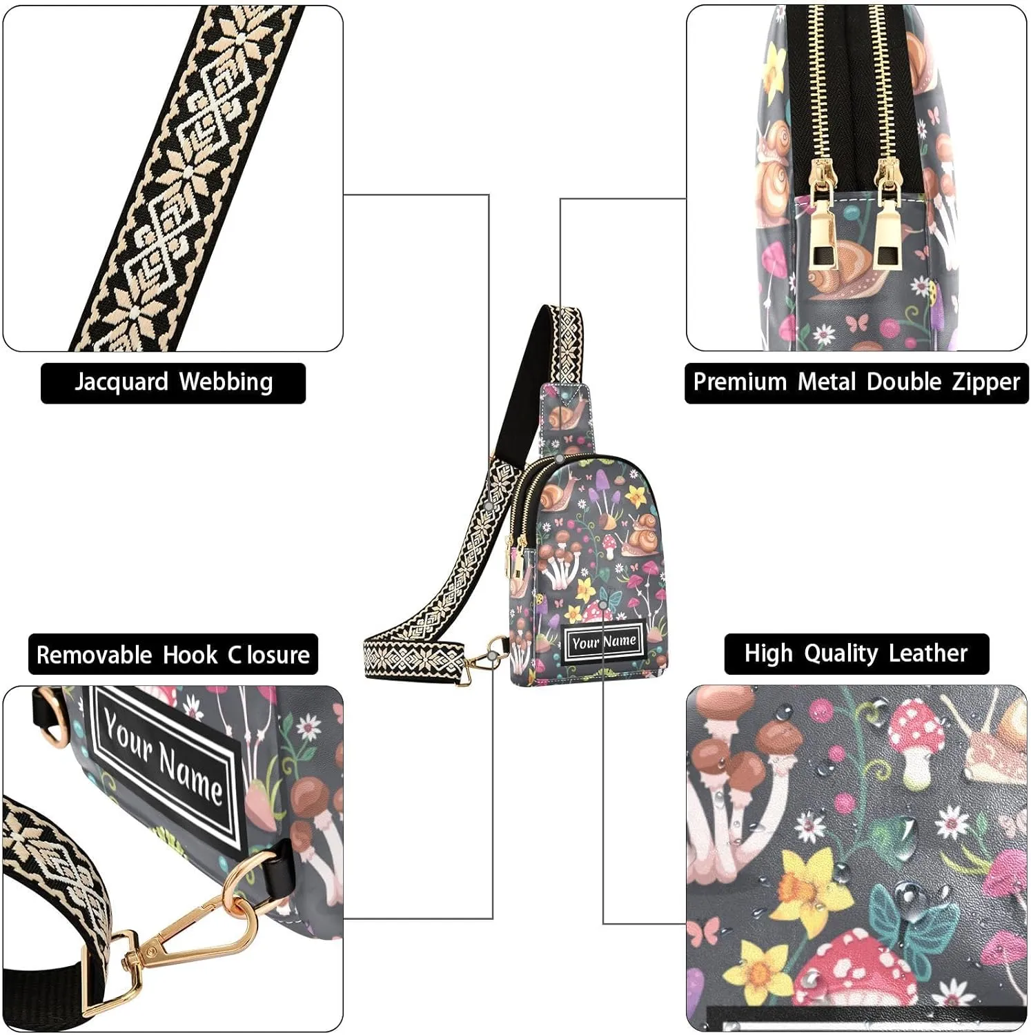 Custom Sling Bag for Women Mushrooms Snails Personalized Leather Crossbody Shoulder Bags Casual Backpack Chest Bag Hiking Daypack