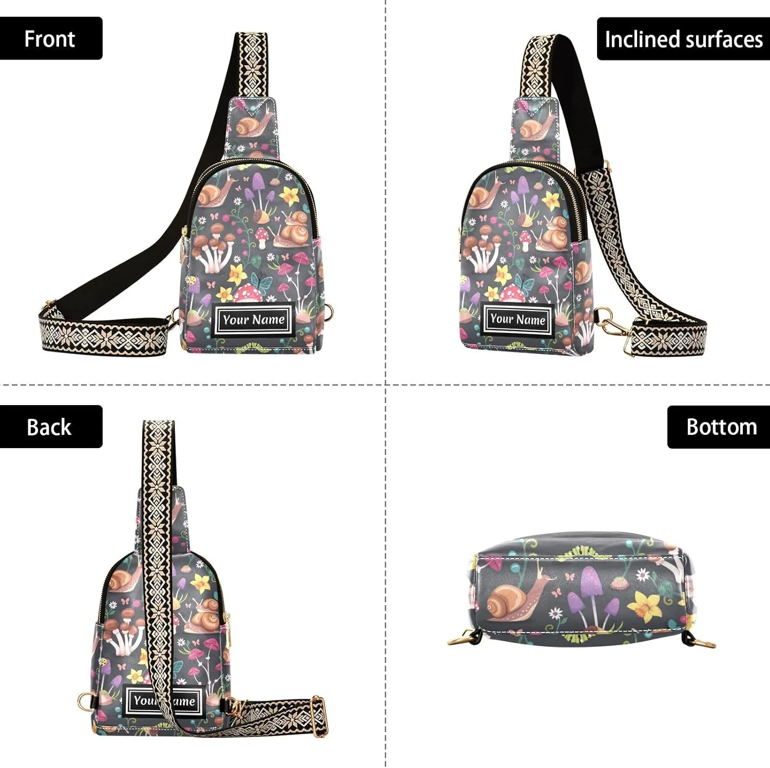 Custom Sling Bag for Women Mushrooms Snails Personalized Leather Crossbody Shoulder Bags Casual Backpack Chest Bag Hiking Daypack