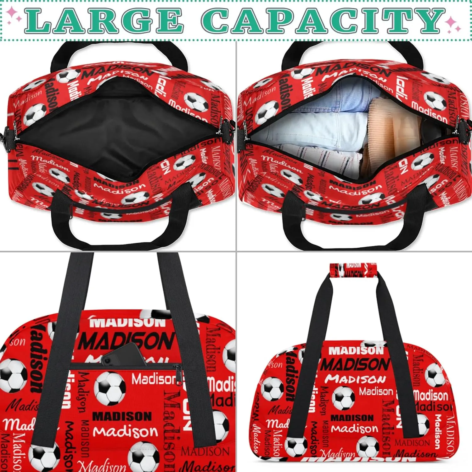 Custom Soccer Gym Bag Duffel Bag for Women Men, Personalized Name Travel Sport Bags Customized Footballs Bag, Coral Red A