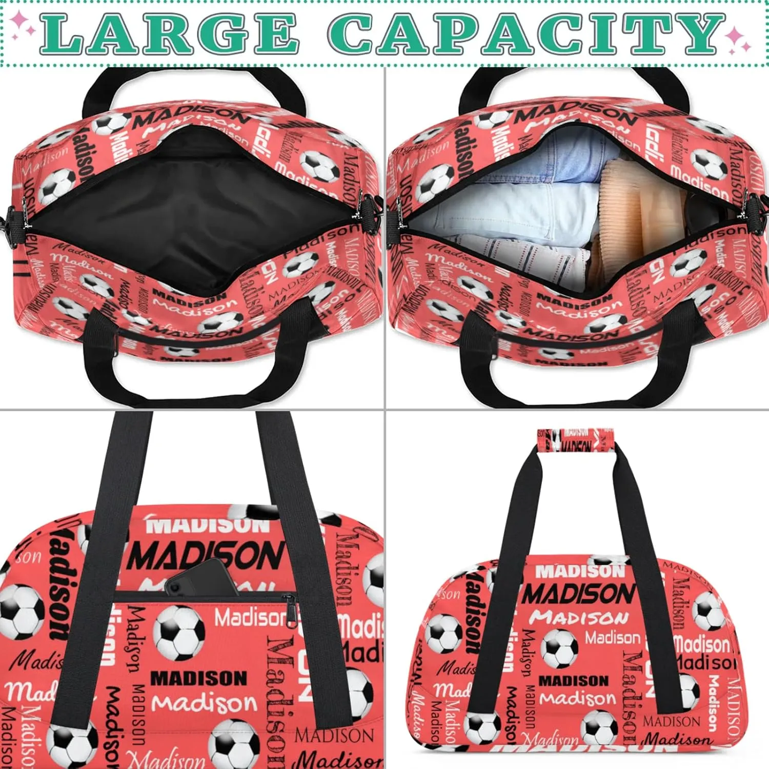 Custom Soccer Gym Bag Duffel Bag for Women Men, Personalized Name Travel Sport Bags Customized Footballs Bag, Coral Red