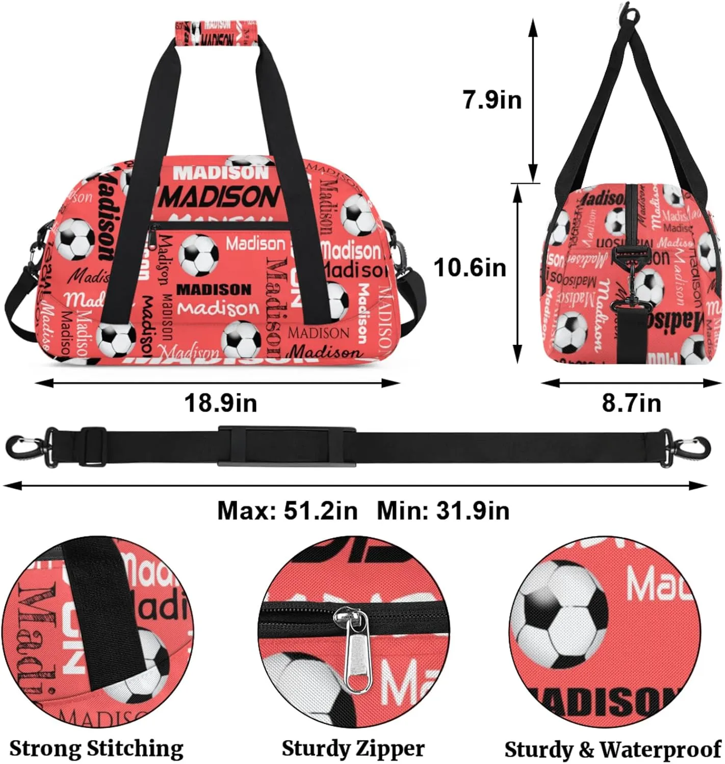 Custom Soccer Gym Bag Duffel Bag for Women Men, Personalized Name Travel Sport Bags Customized Footballs Bag, Coral Red