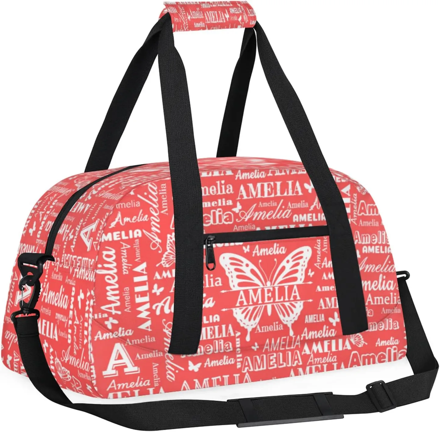 Custom Sports Duffel Bags with Name, Butterfly Personalized Gym Bag Customized Travel Duffle Bag Overnight Carry-On Bag Weekender Bags, Coral Red