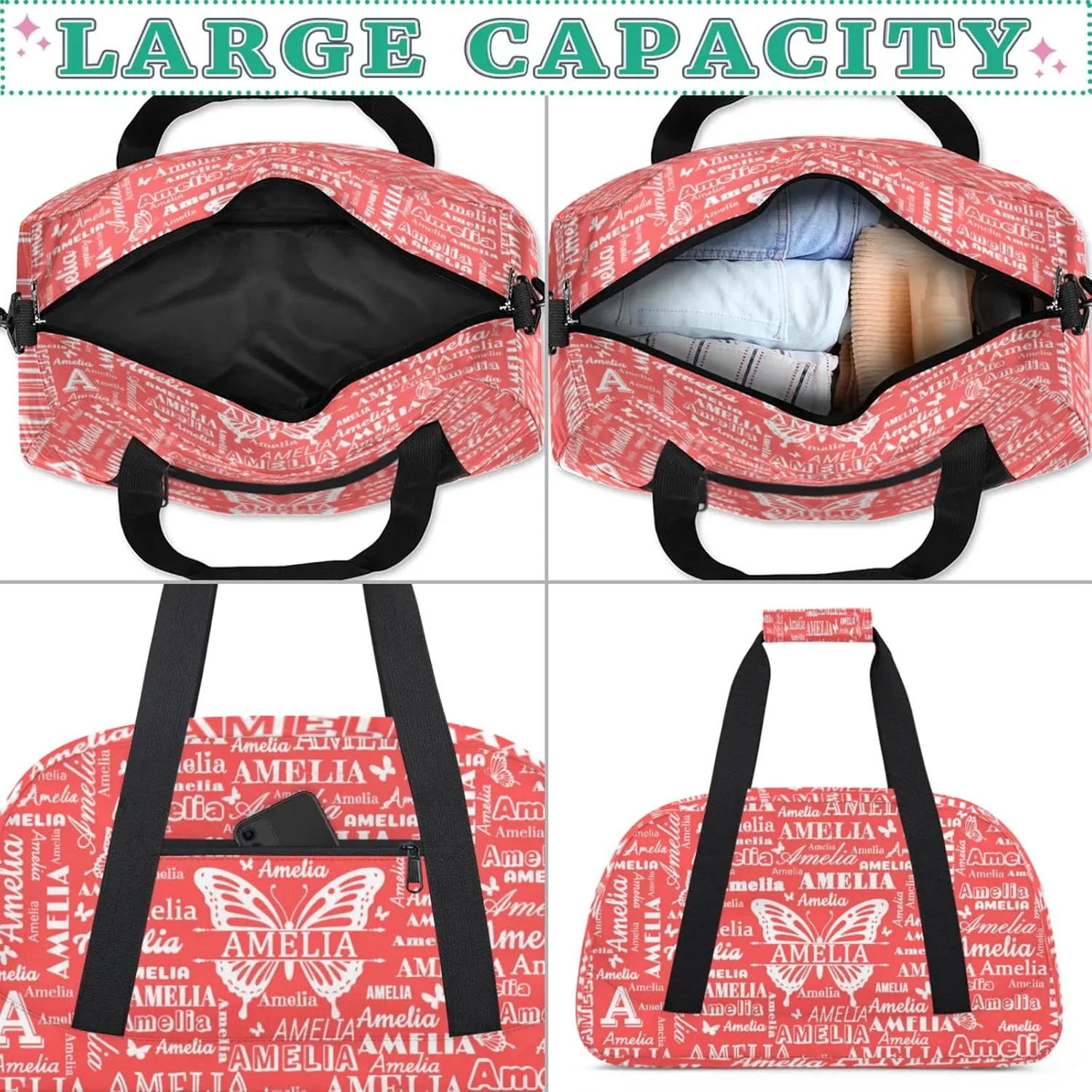 Custom Sports Duffel Bags with Name, Butterfly Personalized Gym Bag Customized Travel Duffle Bag Overnight Carry-On Bag Weekender Bags, Coral Red