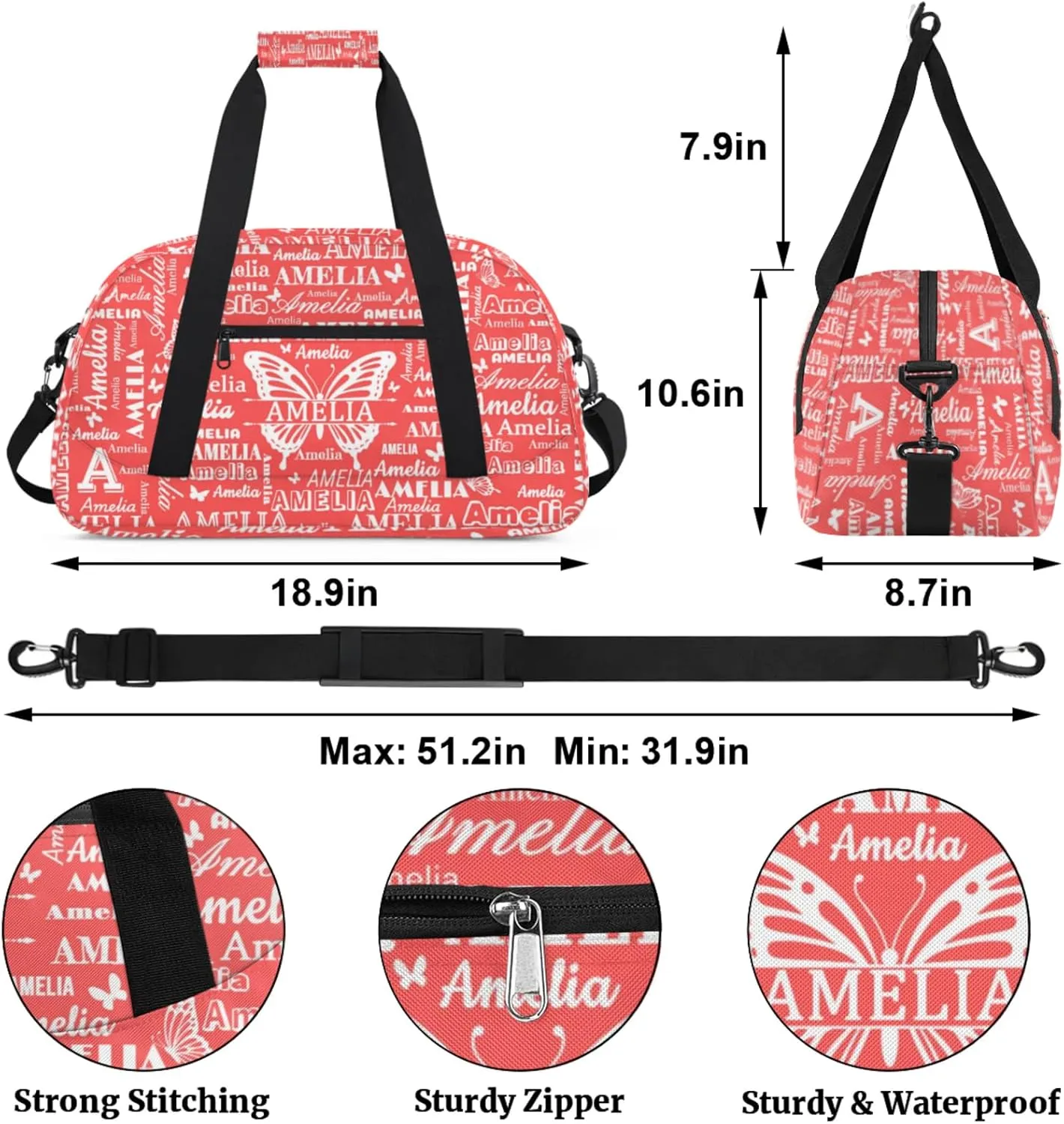 Custom Sports Duffel Bags with Name, Butterfly Personalized Gym Bag Customized Travel Duffle Bag Overnight Carry-On Bag Weekender Bags, Coral Red