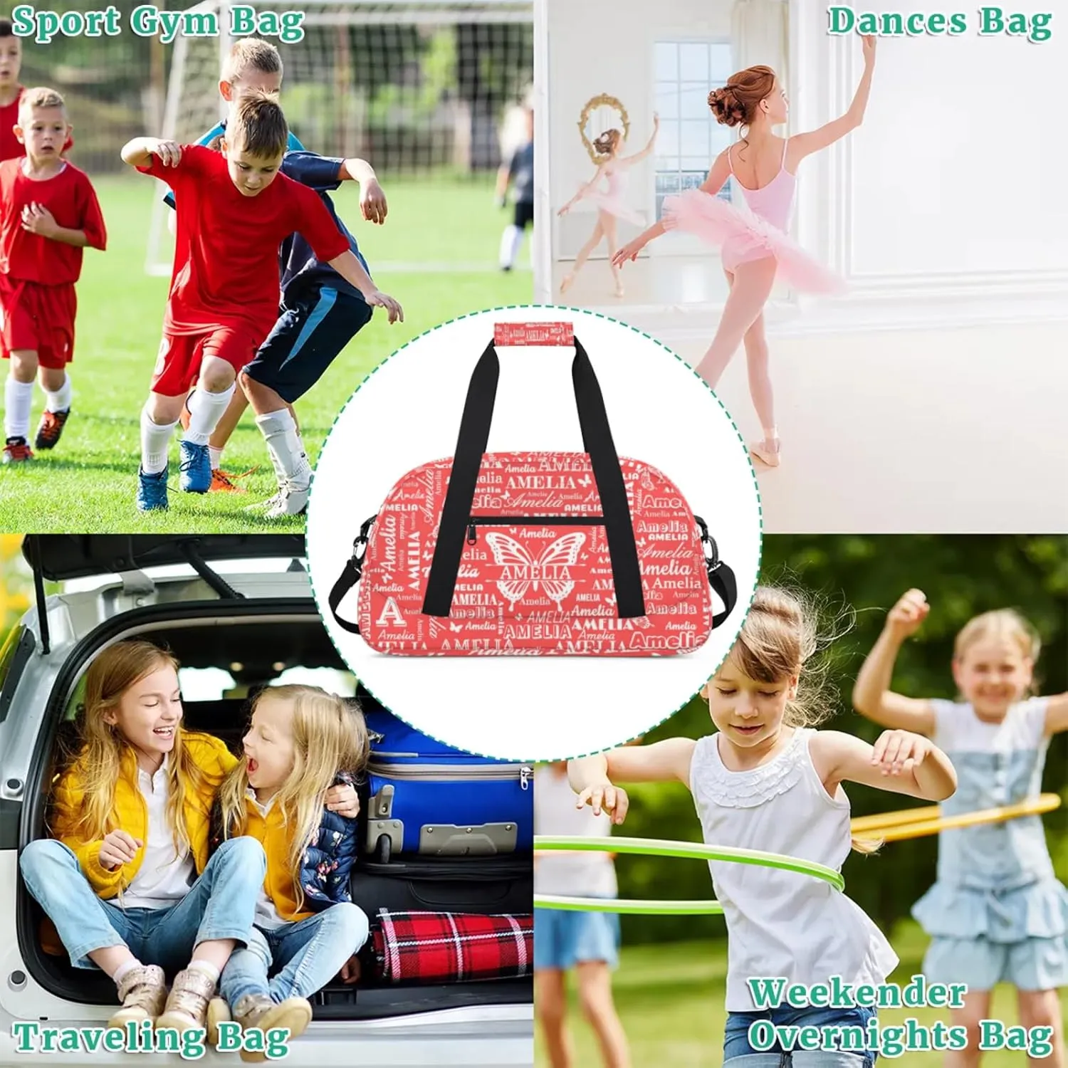 Custom Sports Duffel Bags with Name, Butterfly Personalized Gym Bag Customized Travel Duffle Bag Overnight Carry-On Bag Weekender Bags, Coral Red