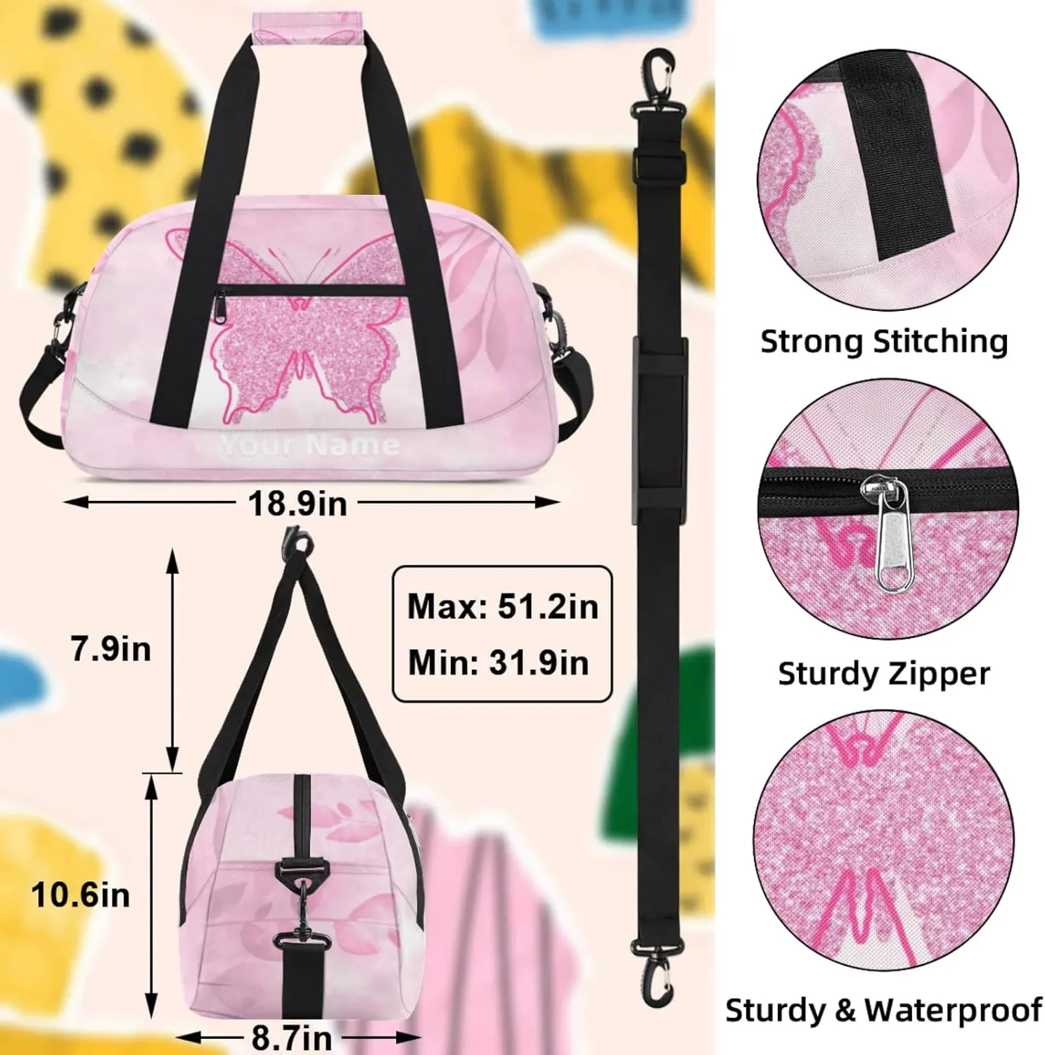 Custom Travel Gym Duffel Bag for Women Men Personalized Weekender Bag Carry On Tote Overnight Bag for Dance Sport Coral Pinks