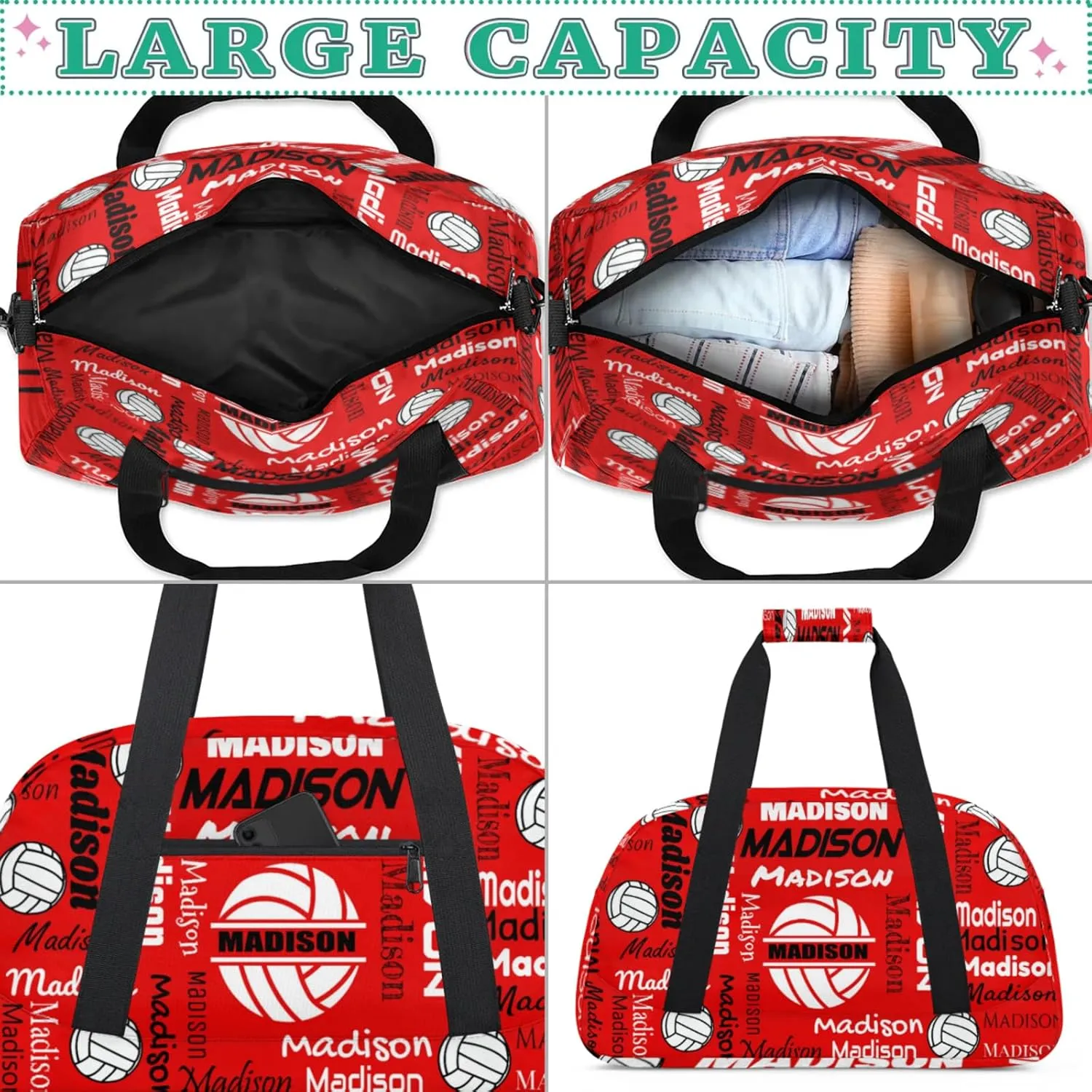 Custom Volleyball Gym Bag Duffel Bag for Women Men, Personalized Name Sport Bag Customized Overnight Bags Travel Weekender Bag, Coral Red A