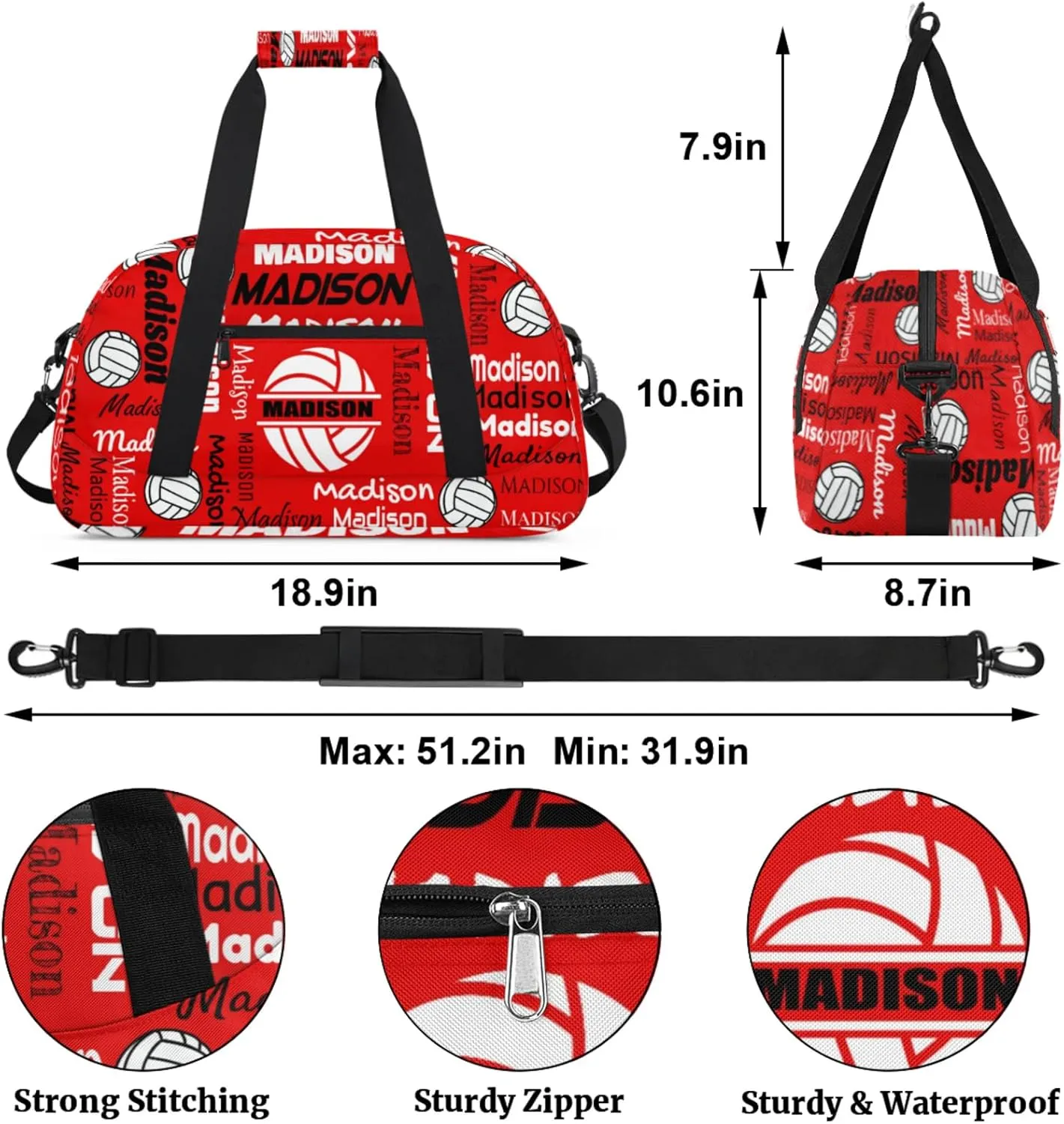 Custom Volleyball Gym Bag Duffel Bag for Women Men, Personalized Name Sport Bag Customized Overnight Bags Travel Weekender Bag, Coral Red A