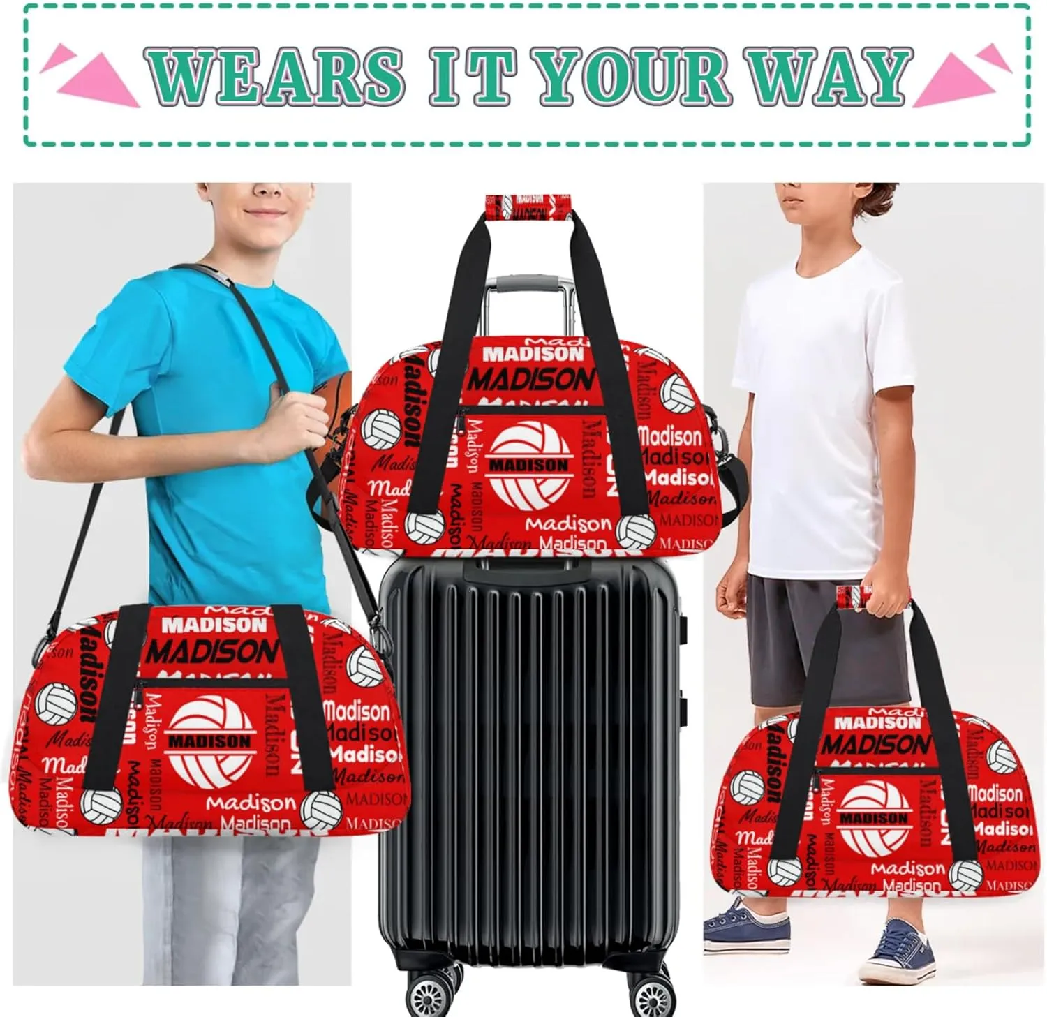 Custom Volleyball Gym Bag Duffel Bag for Women Men, Personalized Name Sport Bag Customized Overnight Bags Travel Weekender Bag, Coral Red A