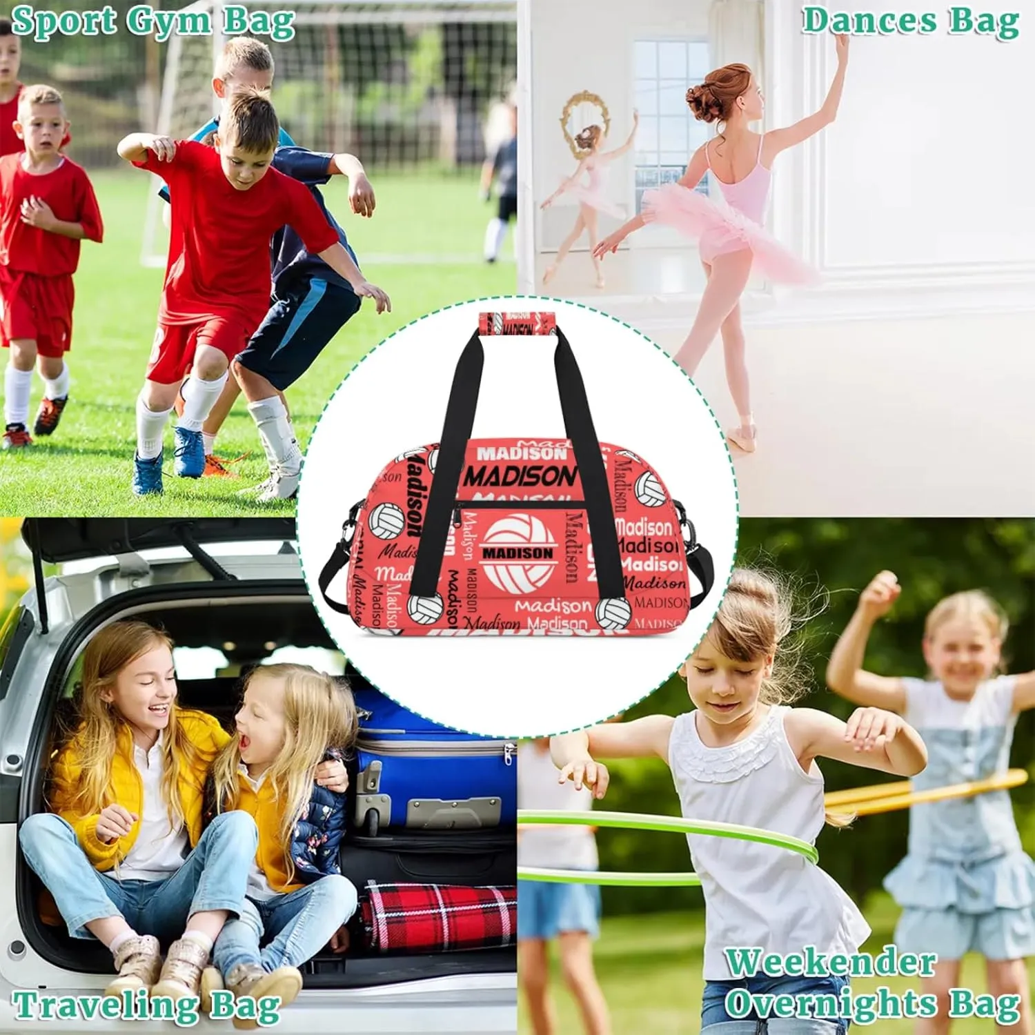 Custom Volleyball Gym Bag Duffel Bag for Women Men, Personalized Name Sport Bag Customized Overnight Bags Travel Weekender Bag, Coral Red