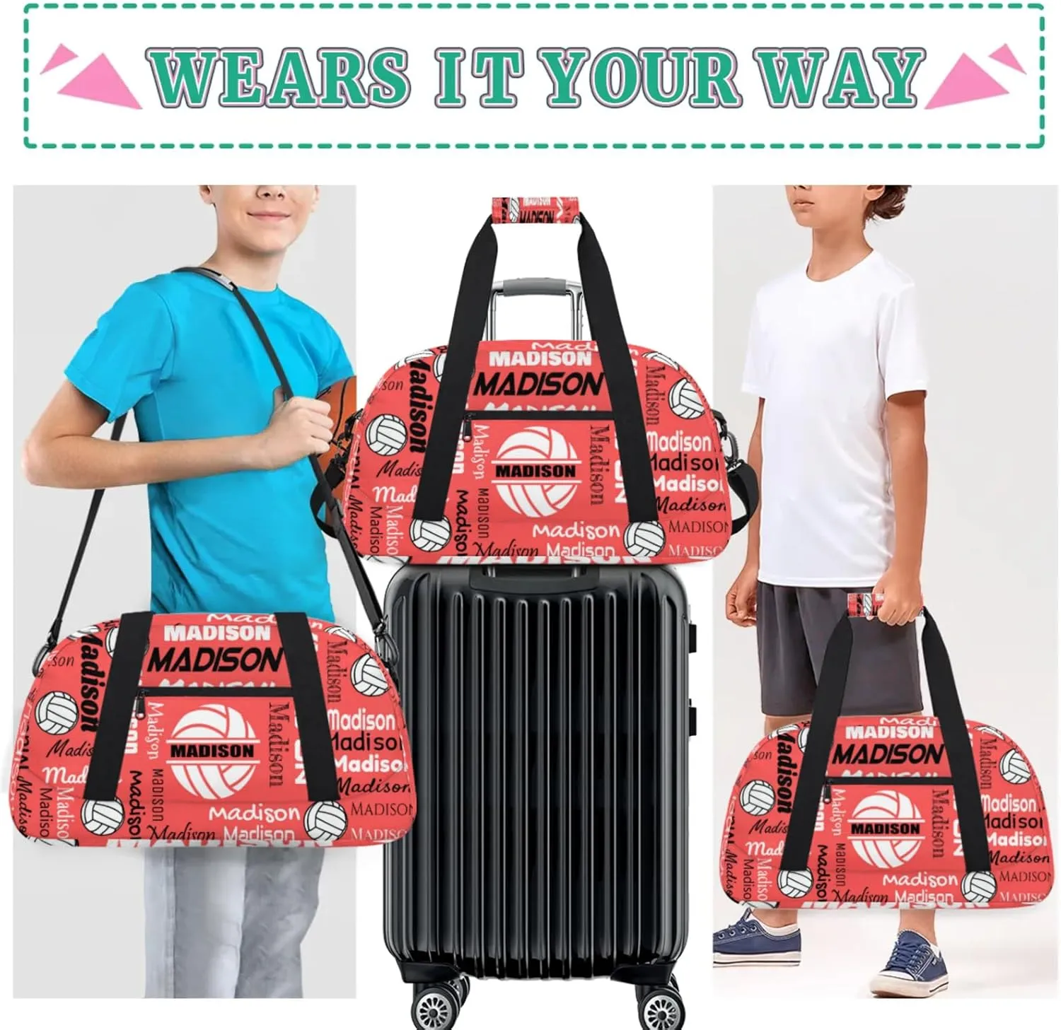 Custom Volleyball Gym Bag Duffel Bag for Women Men, Personalized Name Sport Bag Customized Overnight Bags Travel Weekender Bag, Coral Red