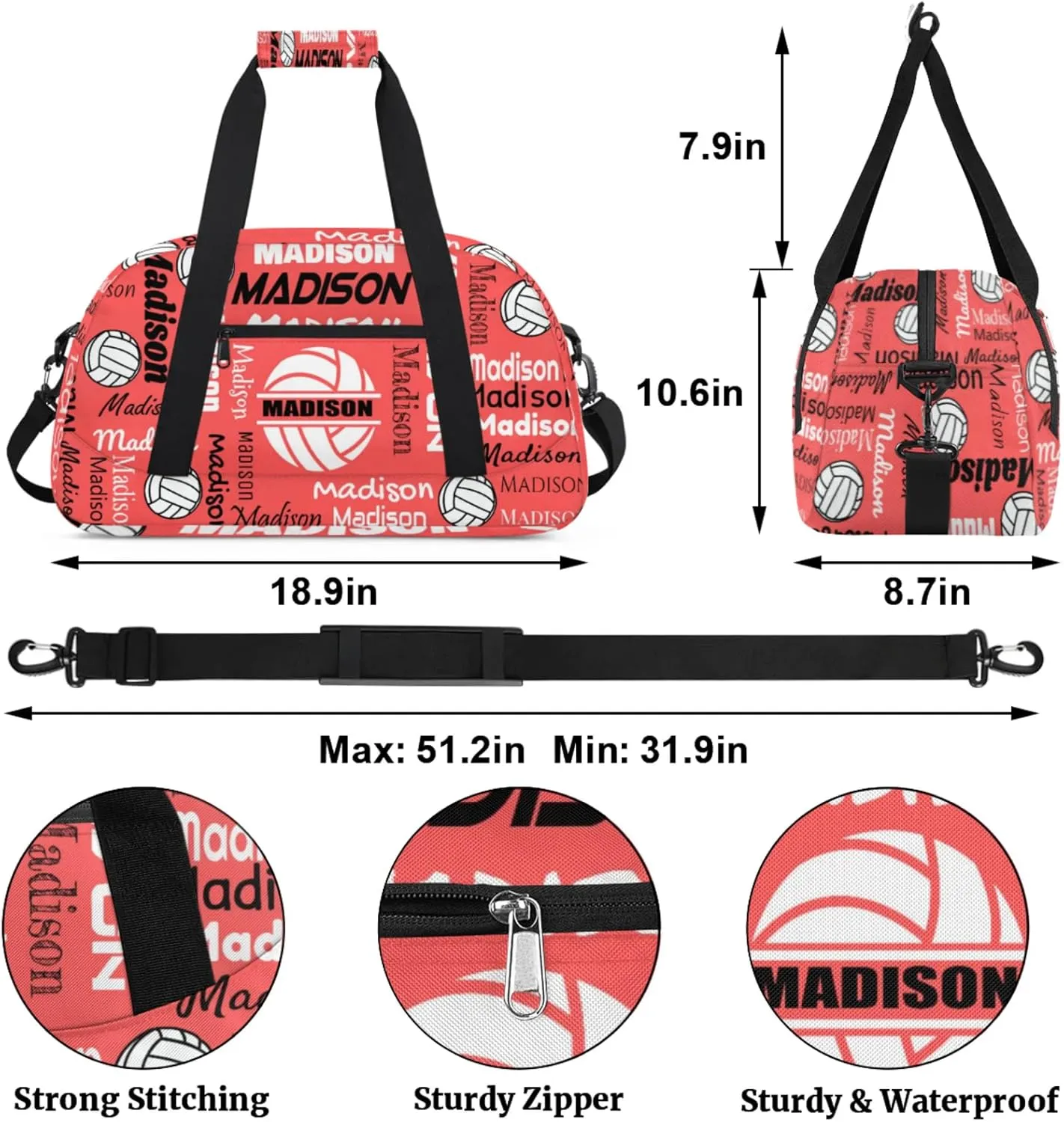 Custom Volleyball Gym Bag Duffel Bag for Women Men, Personalized Name Sport Bag Customized Overnight Bags Travel Weekender Bag, Coral Red