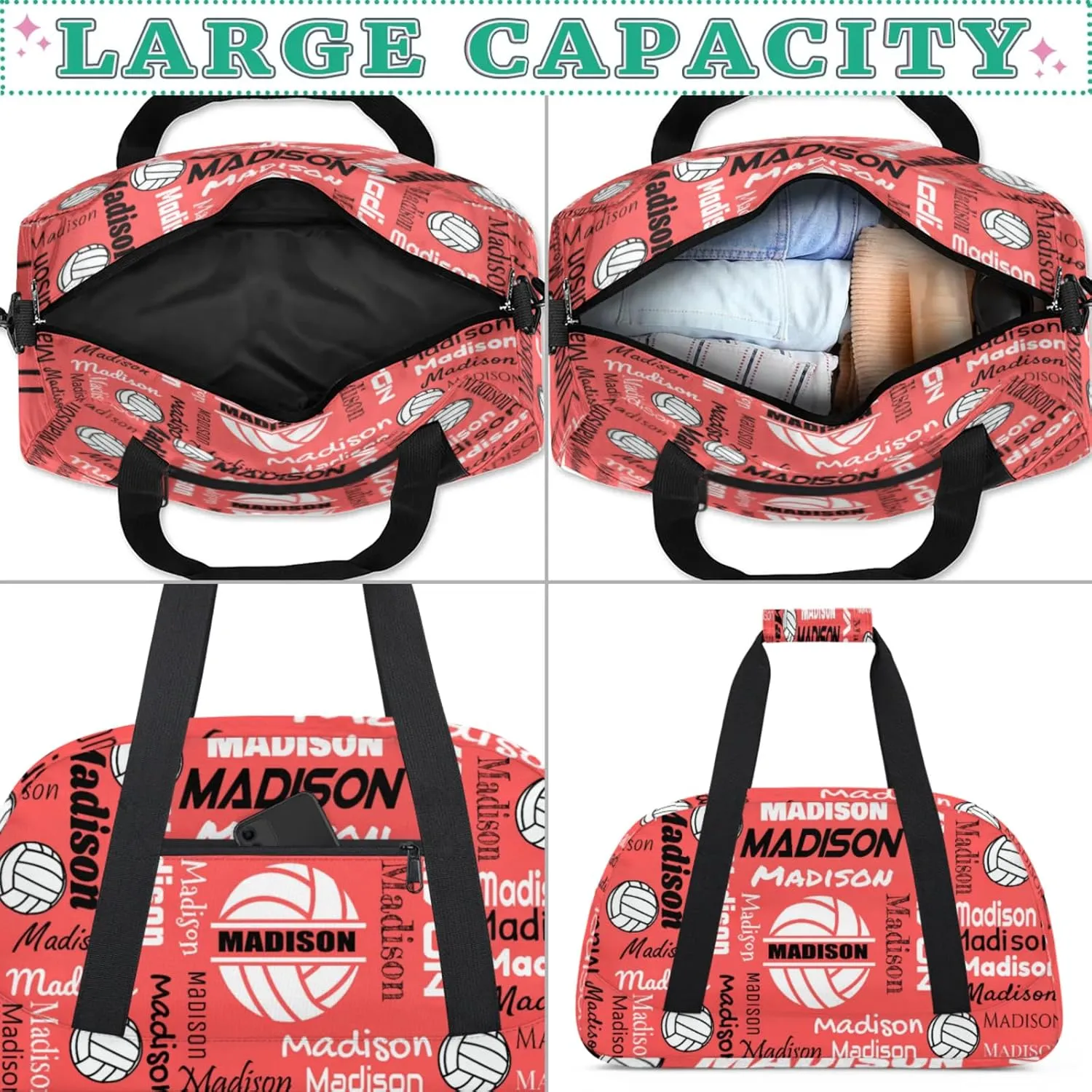 Custom Volleyball Gym Bag Duffel Bag for Women Men, Personalized Name Sport Bag Customized Overnight Bags Travel Weekender Bag, Coral Red