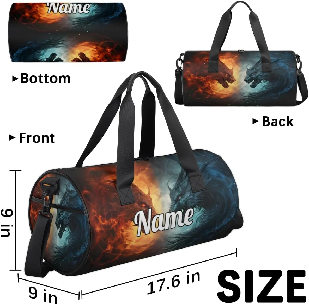 Cute Dance Bag Sport Duffel Gymnastics Sport Bags Custom Ballet Bag Overnight Weekender Bag Waterproof Pattern, Blue And Red Fiery Dragons