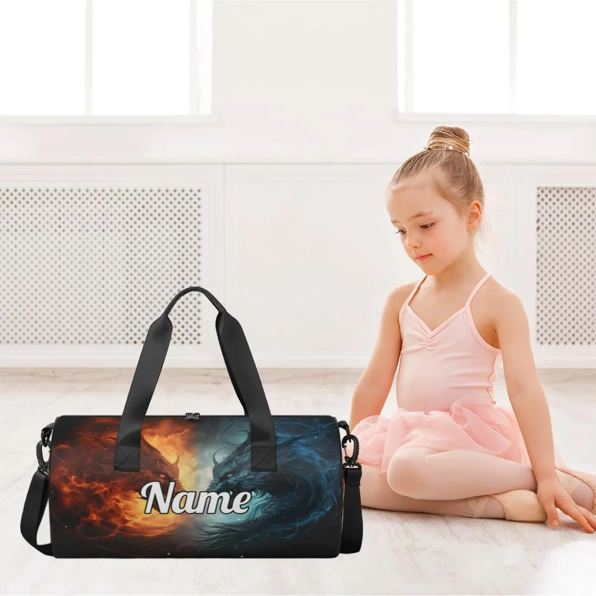 Cute Dance Bag Sport Duffel Gymnastics Sport Bags Custom Ballet Bag Overnight Weekender Bag Waterproof Pattern, Blue And Red Fiery Dragons