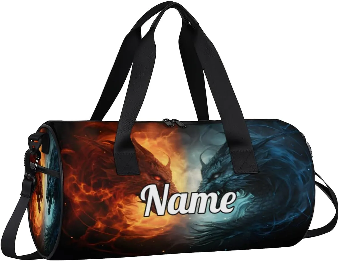 Cute Dance Bag Sport Duffel Gymnastics Sport Bags Custom Ballet Bag Overnight Weekender Bag Waterproof Pattern, Blue And Red Fiery Dragons