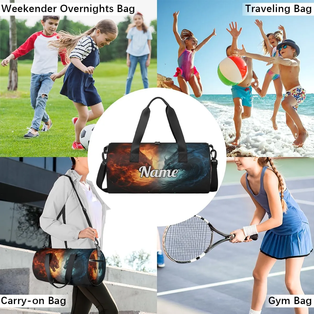 Cute Dance Bag Sport Duffel Gymnastics Sport Bags Custom Ballet Bag Overnight Weekender Bag Waterproof Pattern, Blue And Red Fiery Dragons
