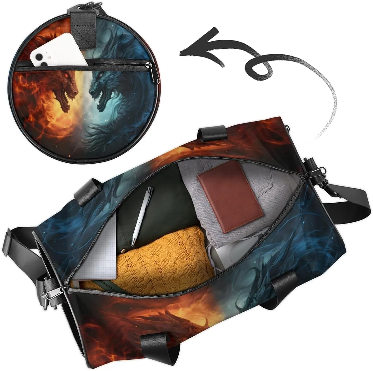 Cute Dance Bag Sport Duffel Gymnastics Sport Bags Custom Ballet Bag Overnight Weekender Bag Waterproof Pattern, Blue And Red Fiery Dragons