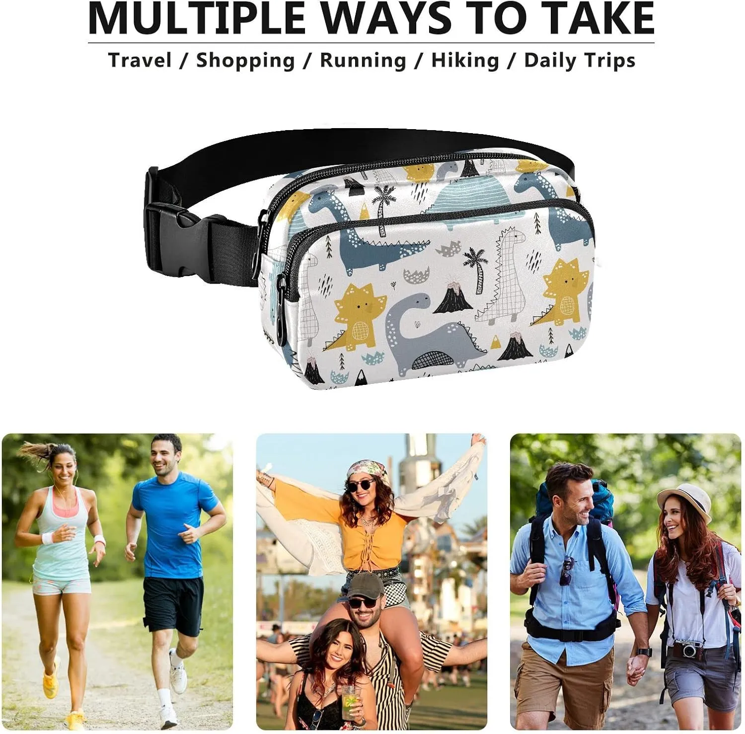 Cute Dinosaur Fanny Packs for Women Men Crossbody Bag Fashion Waist Packs Waterproof Sling Bag Belt Bag Waist Pouch with Adjustable Strap for Valentines Day Gifts Hiking Running Trip Bum Bag