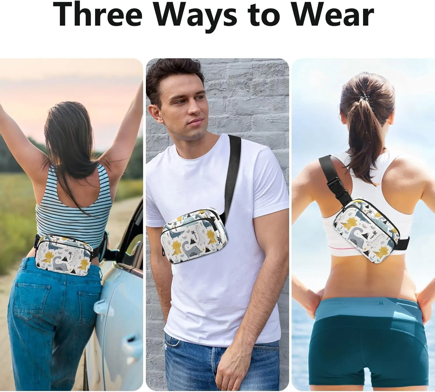 Cute Dinosaur Fanny Packs for Women Men Crossbody Bag Fashion Waist Packs Waterproof Sling Bag Belt Bag Waist Pouch with Adjustable Strap for Valentines Day Gifts Hiking Running Trip Bum Bag
