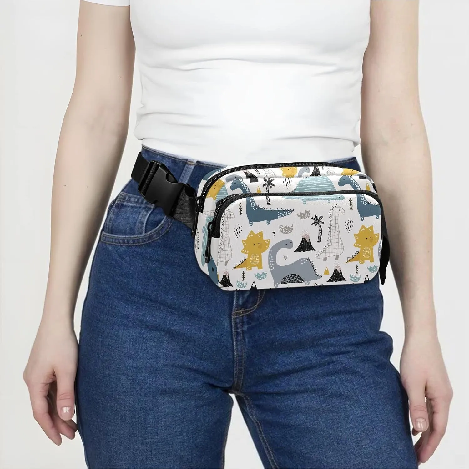 Cute Dinosaur Fanny Packs for Women Men Crossbody Bag Fashion Waist Packs Waterproof Sling Bag Belt Bag Waist Pouch with Adjustable Strap for Valentines Day Gifts Hiking Running Trip Bum Bag