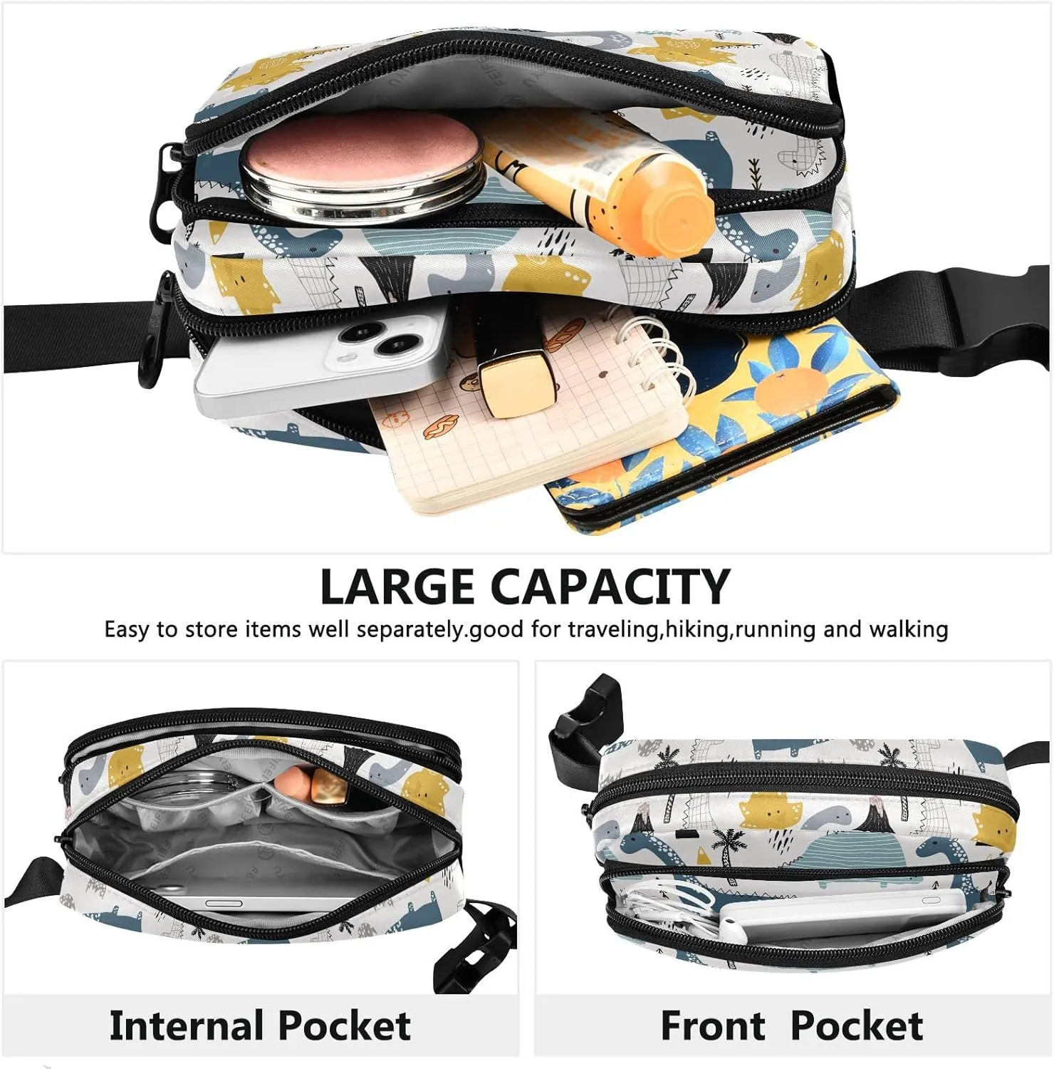 Cute Dinosaur Fanny Packs for Women Men Crossbody Bag Fashion Waist Packs Waterproof Sling Bag Belt Bag Waist Pouch with Adjustable Strap for Valentines Day Gifts Hiking Running Trip Bum Bag