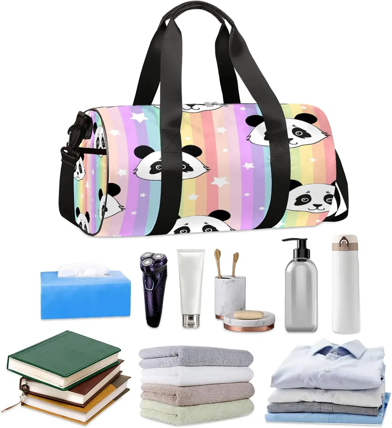 Cute Panda Seamless Pattern Sports Gym Bag for Men Women Lightweight Travel Duffle Bag with Shoulder Strap Waterproof Carry On Weekender Overnight Bag for Travel Sports Gym