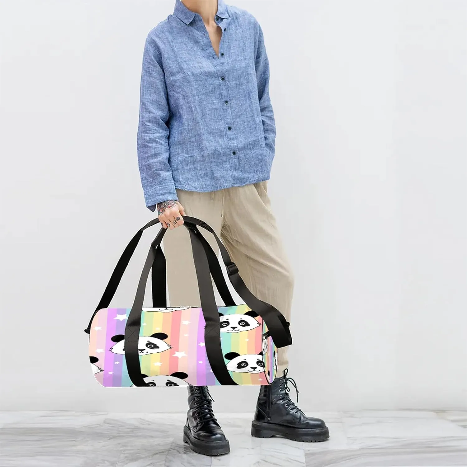 Cute Panda Seamless Pattern Sports Gym Bag for Men Women Lightweight Travel Duffle Bag with Shoulder Strap Waterproof Carry On Weekender Overnight Bag for Travel Sports Gym