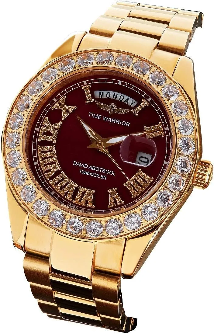 DA Royalty Diamond Watch 18K Gold Plated Japanese Movement, Day Date Gold Watch for Men Big Diamonds.