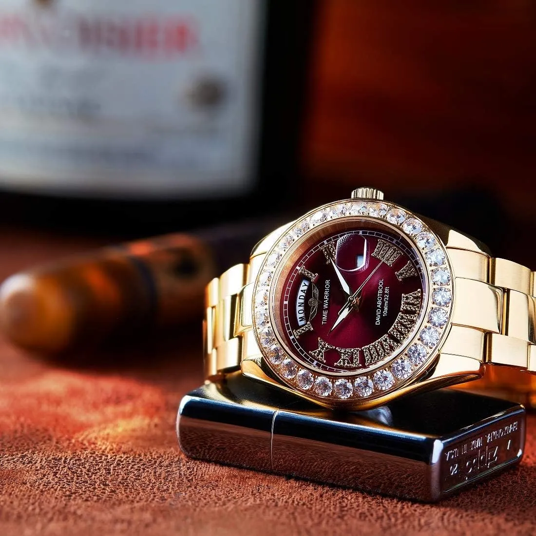 DA Royalty Diamond Watch 18K Gold Plated Japanese Movement, Day Date Gold Watch for Men Big Diamonds.