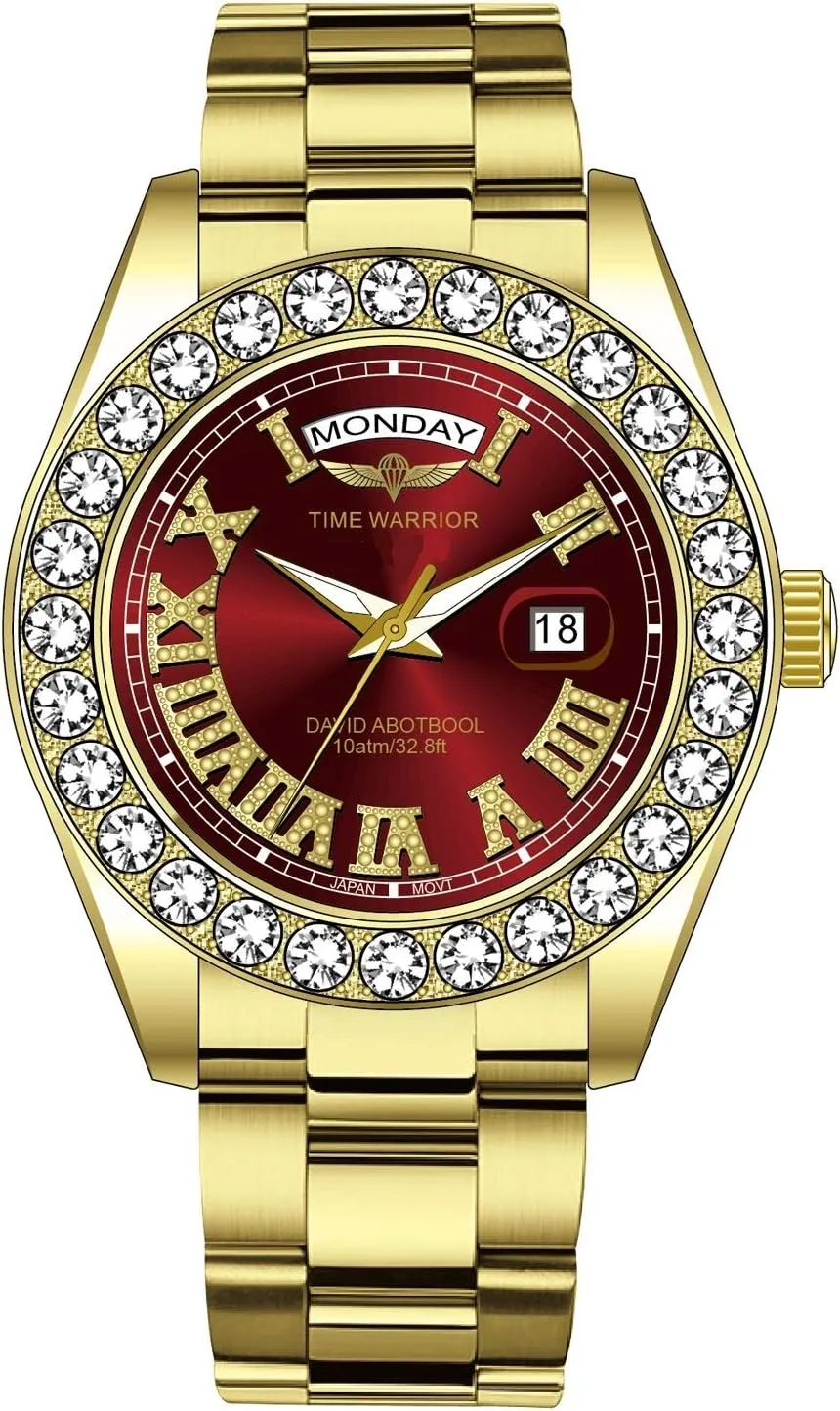 DA Royalty Diamond Watch 18K Gold Plated Japanese Movement, Day Date Gold Watch for Men Big Diamonds.