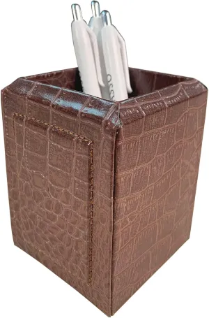 Dacasso Brown Crocodile Embossed Leather Pencil Cup