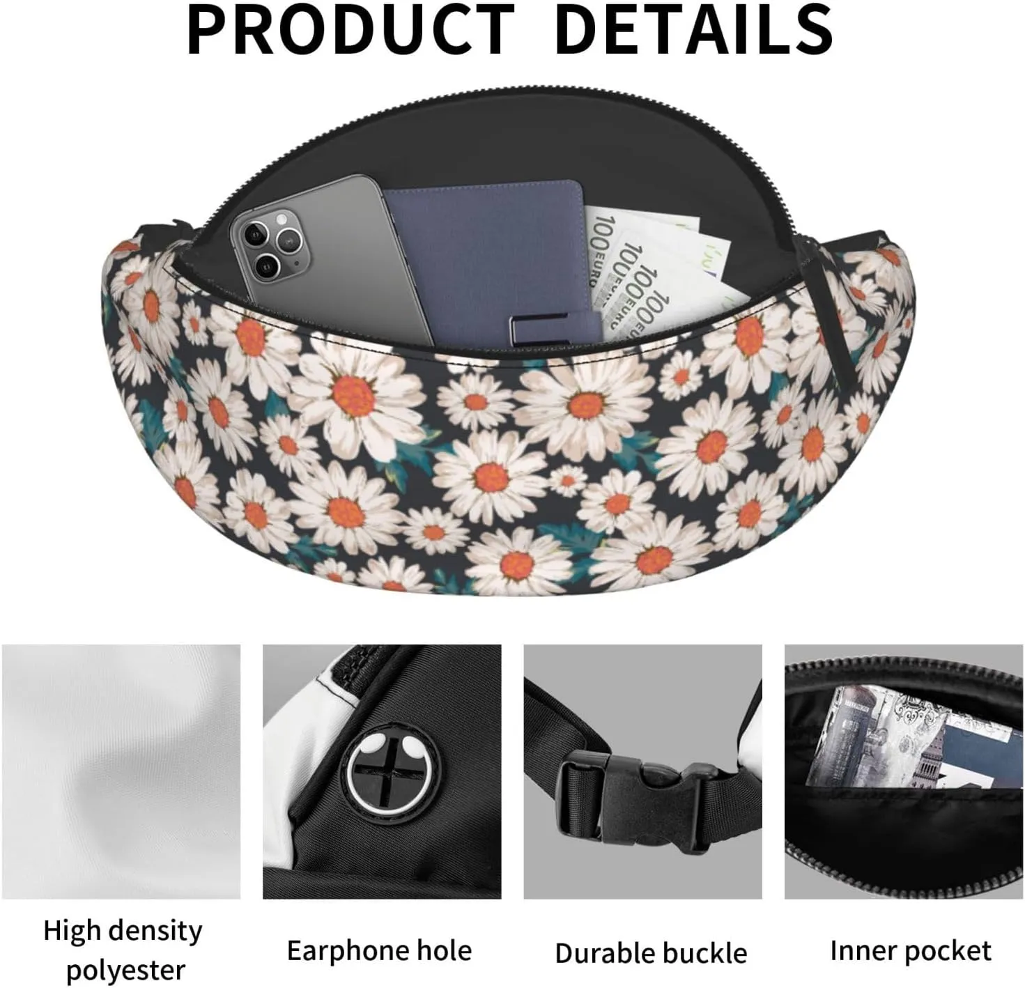 daisy beautiful flower wild garden Fashion casual fanny pack waist bag men women adjustable belt waist bag for travel hiking cycling running festival carnival