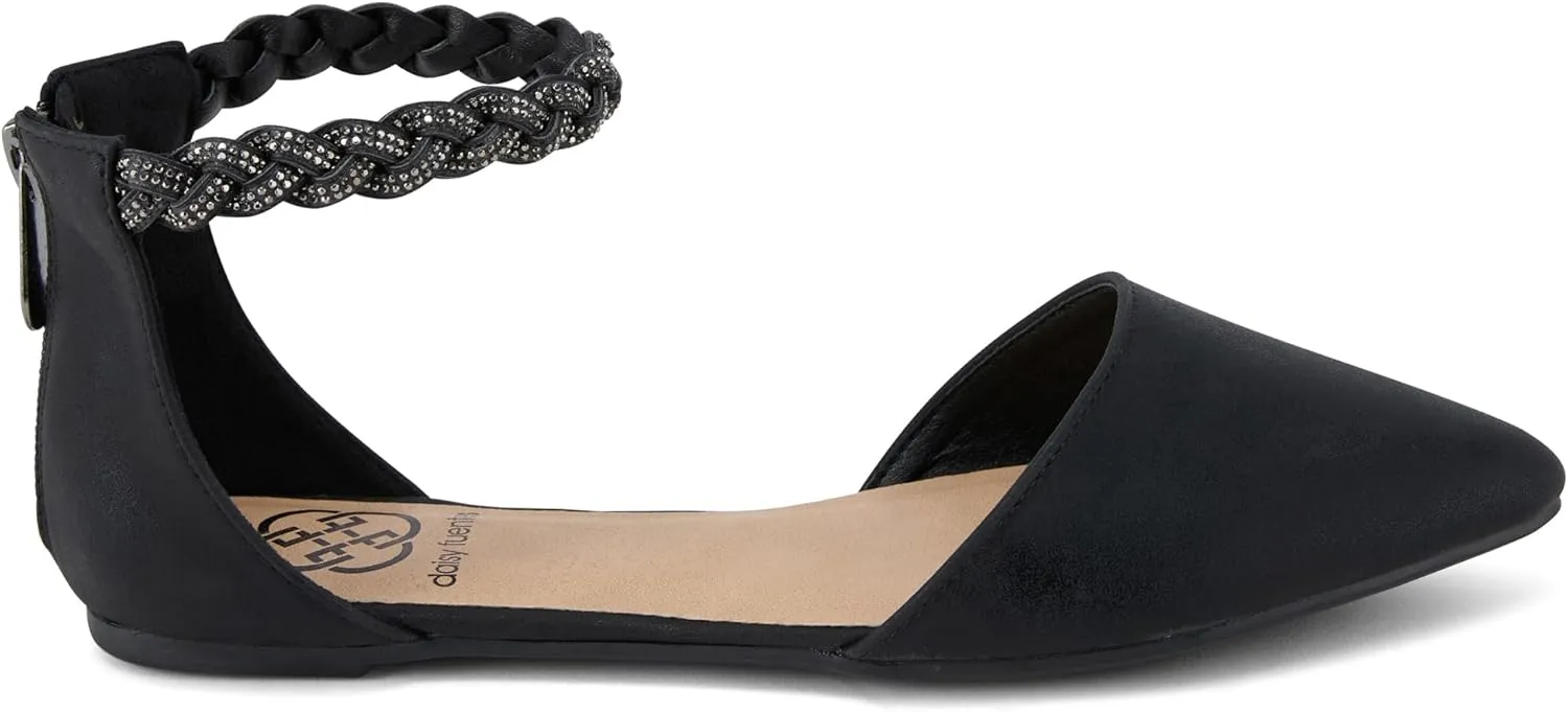 Daisy Fuentes Women’s Ankle-Strap D’Orsay Flats – Braided Embellished Strap, Pointed Toe, Zipper Closure – Comfortable Casual and Dressy Shoes