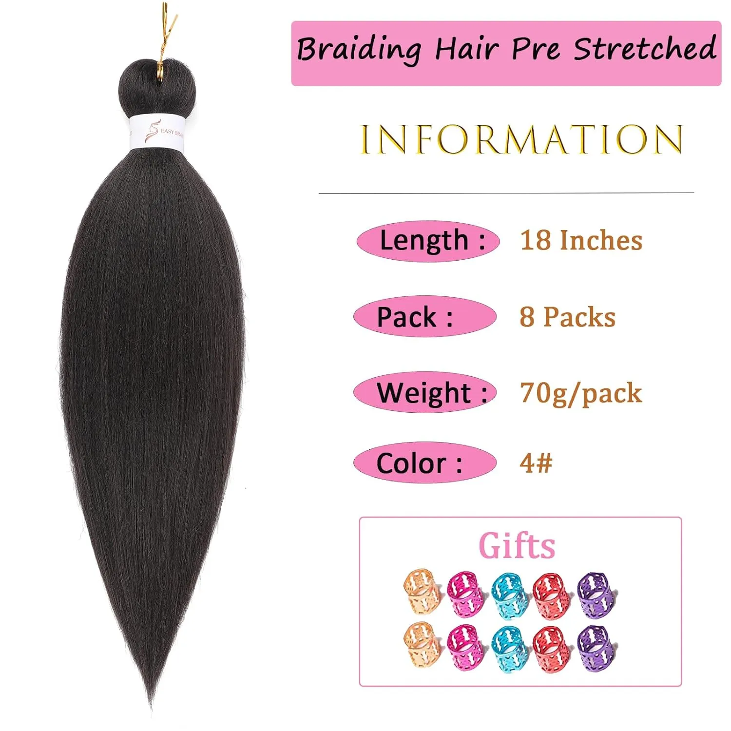 Dark Brown Braiding Hair Pre stretched 8 Packs 18 Inch Braiding Hair Yaki Texture Pre stretched Hair For Braiding Professional Synthetic Hair Extension Itch Free Hot Water Setting(18", 4#)