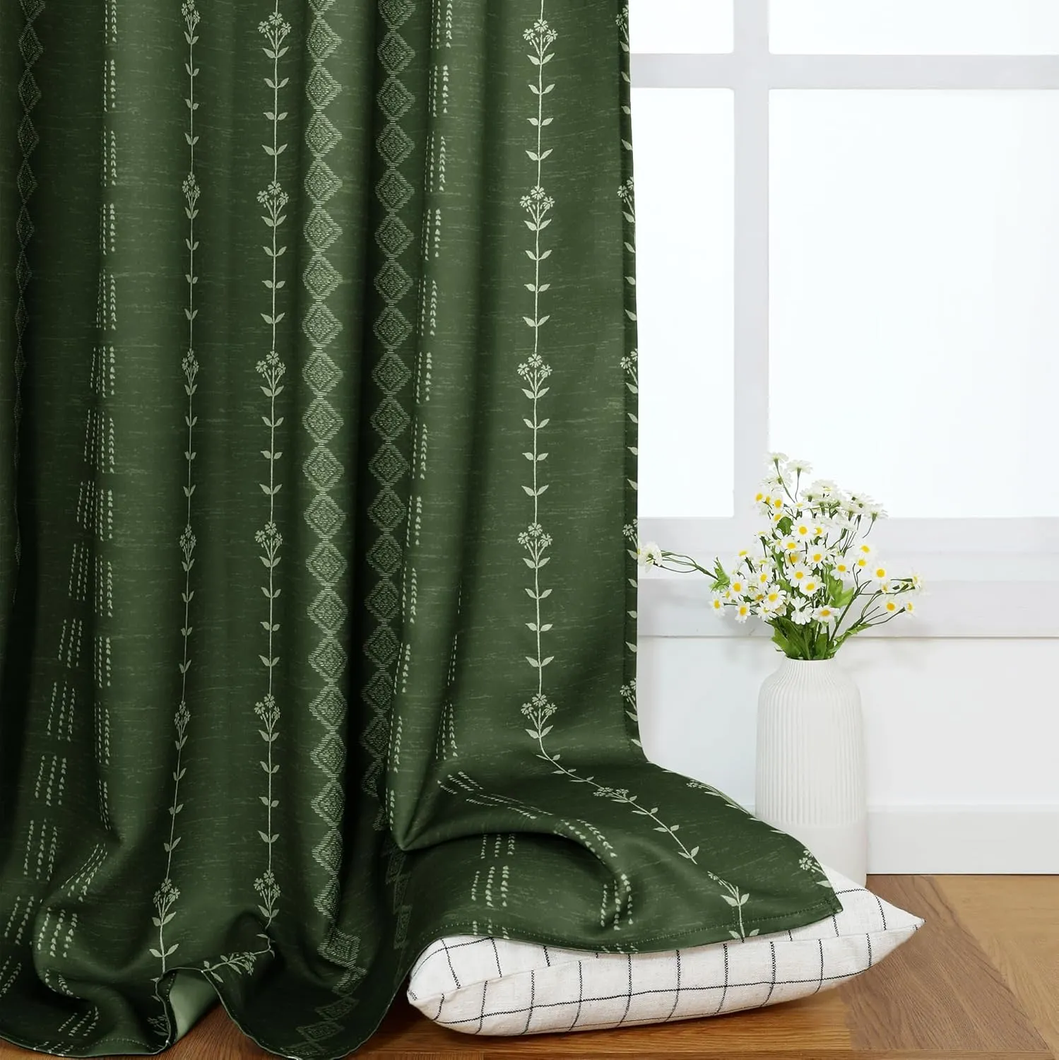 Dark Olive Green Curtains for Bedroom,Boho Floral Back Tab Semi Blackout Mid Century Modern Curtain Drapes 84 Inch Length 2 Panels Set