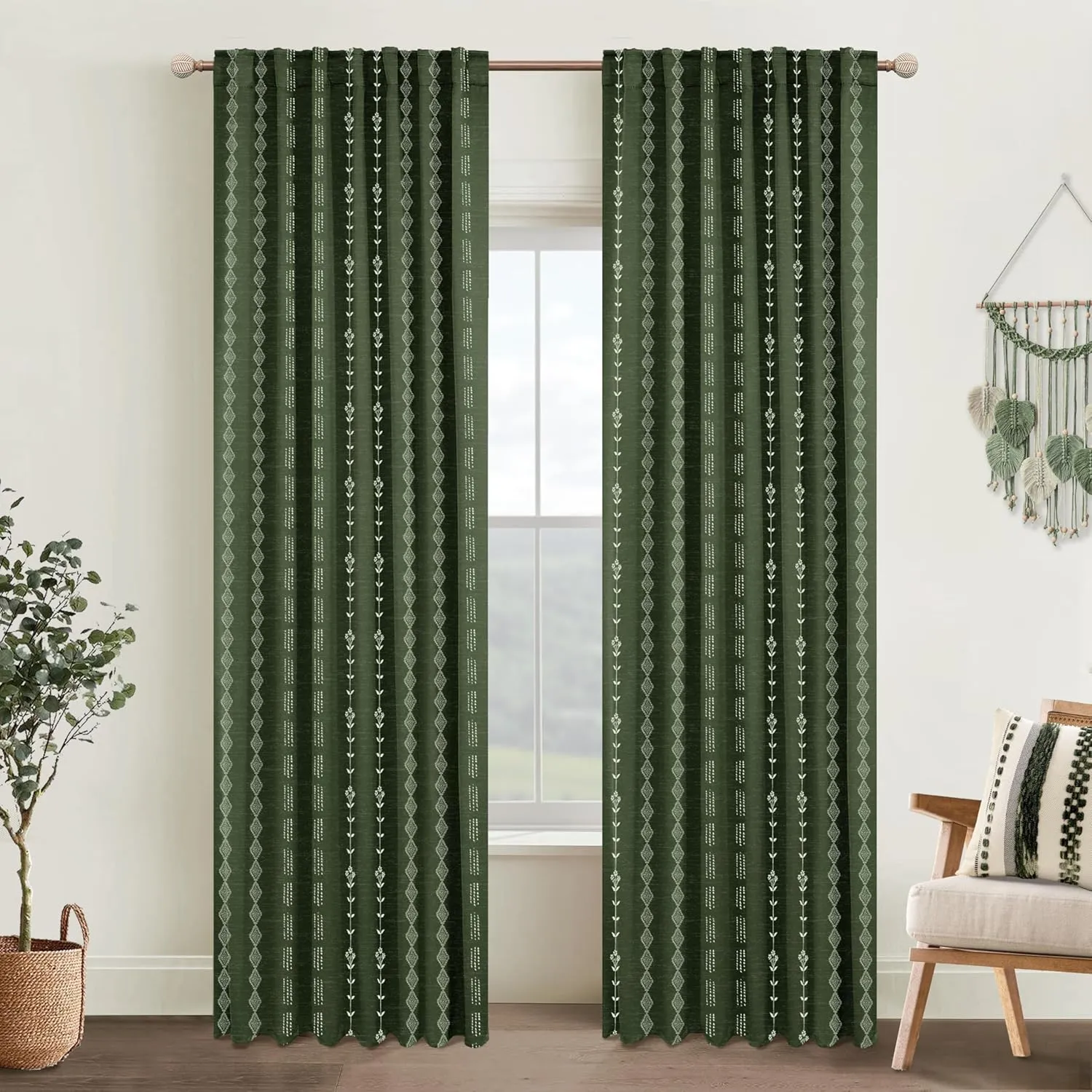 Dark Olive Green Curtains for Bedroom,Boho Floral Back Tab Semi Blackout Mid Century Modern Curtain Drapes 84 Inch Length 2 Panels Set