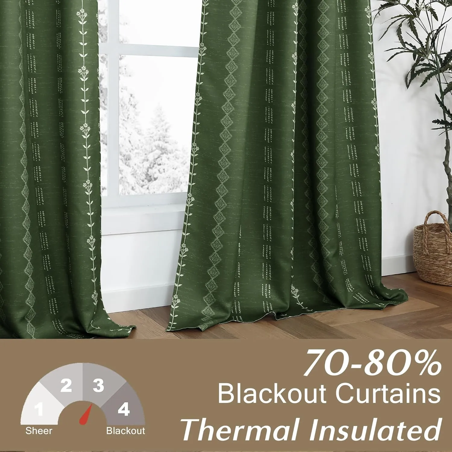 Dark Olive Green Curtains for Bedroom,Boho Floral Back Tab Semi Blackout Mid Century Modern Curtain Drapes 84 Inch Length 2 Panels Set