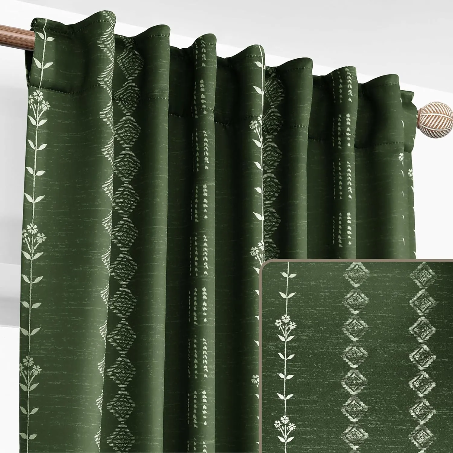 Dark Olive Green Curtains for Bedroom,Boho Floral Back Tab Semi Blackout Mid Century Modern Curtain Drapes 84 Inch Length 2 Panels Set