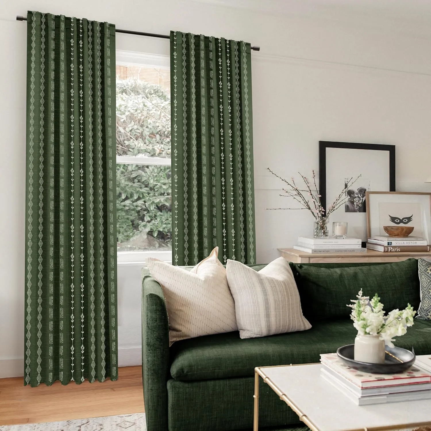 Dark Olive Green Curtains for Bedroom,Boho Floral Back Tab Semi Blackout Mid Century Modern Curtain Drapes 84 Inch Length 2 Panels Set