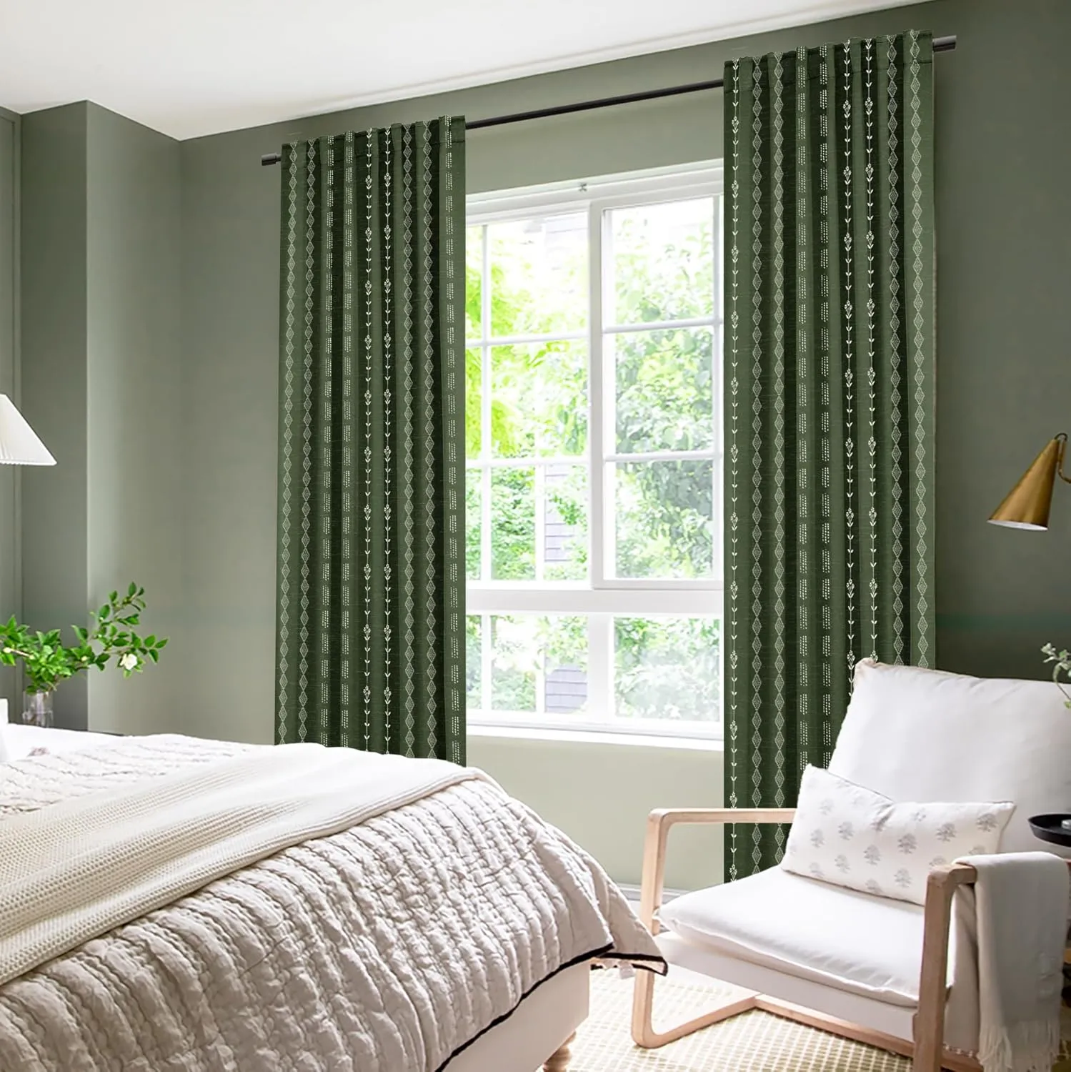 Dark Olive Green Curtains for Bedroom,Boho Floral Back Tab Semi Blackout Mid Century Modern Curtain Drapes 84 Inch Length 2 Panels Set