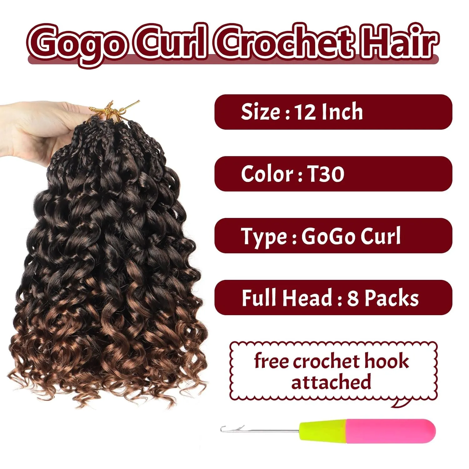 Datanala GoGo Curl Crochet Hair 12 Inch Pre-Looped Water Wave Crochet Hair 8 Packs Long Beach Curl Crochet Braiding Hair Synthetic Extensions For Women (T30, 12inch(8packs))