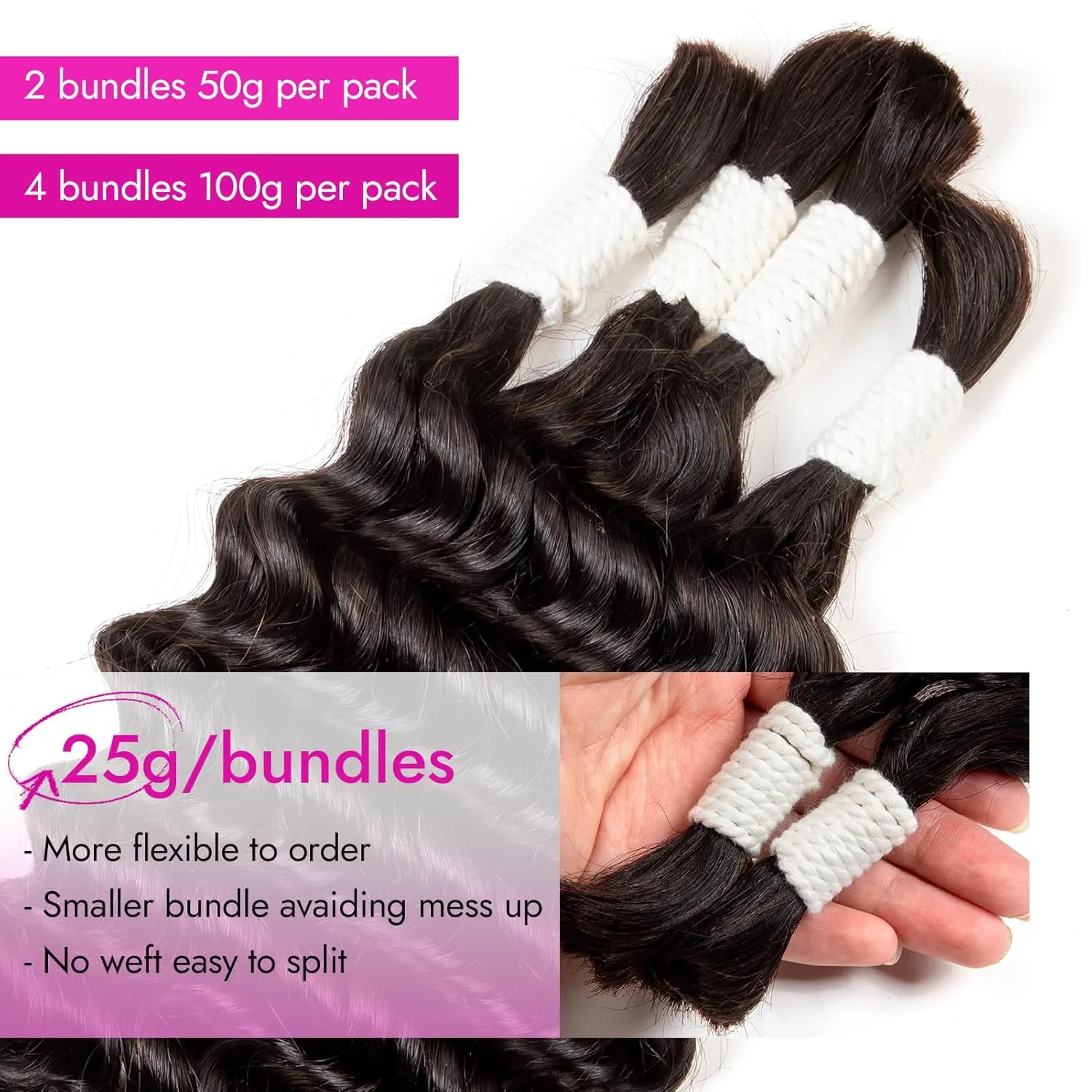 Deep Water Wave Human Hair 2 Bundles/Pack 50g 18 Inch, Natural Color, Curly Wet and Wavy Boho Braiding Hair for Braids, No Weft