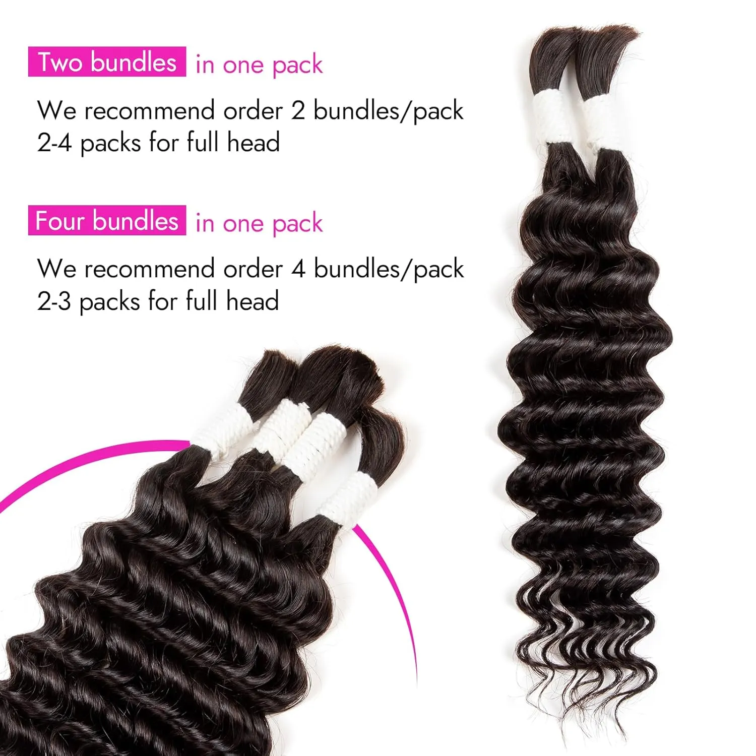 Deep Water Wave Human Hair 2 Bundles/Pack 50g 18 Inch, Natural Color, Curly Wet and Wavy Boho Braiding Hair for Braids, No Weft