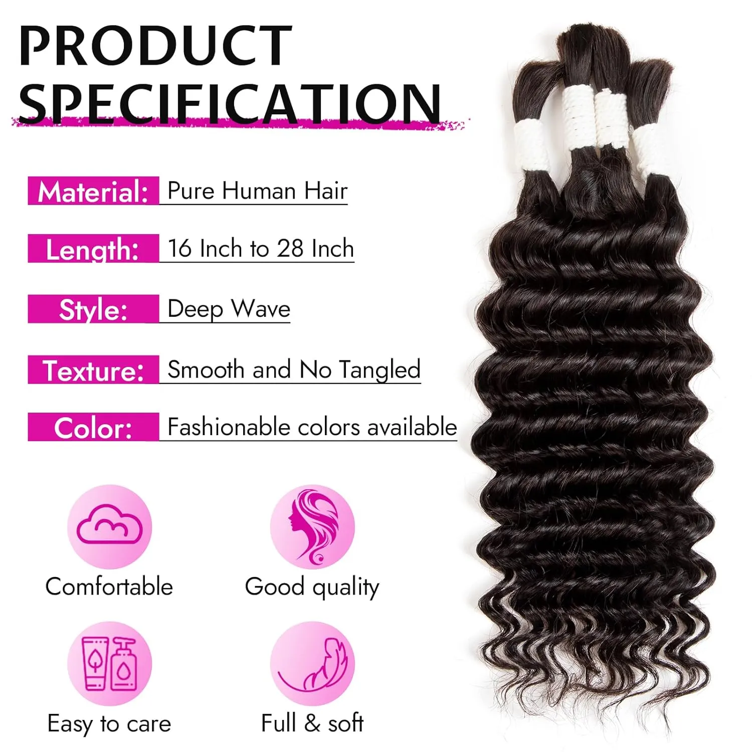 Deep Water Wave Human Hair 2 Bundles/Pack 50g 18 Inch, Natural Color, Curly Wet and Wavy Boho Braiding Hair for Braids, No Weft