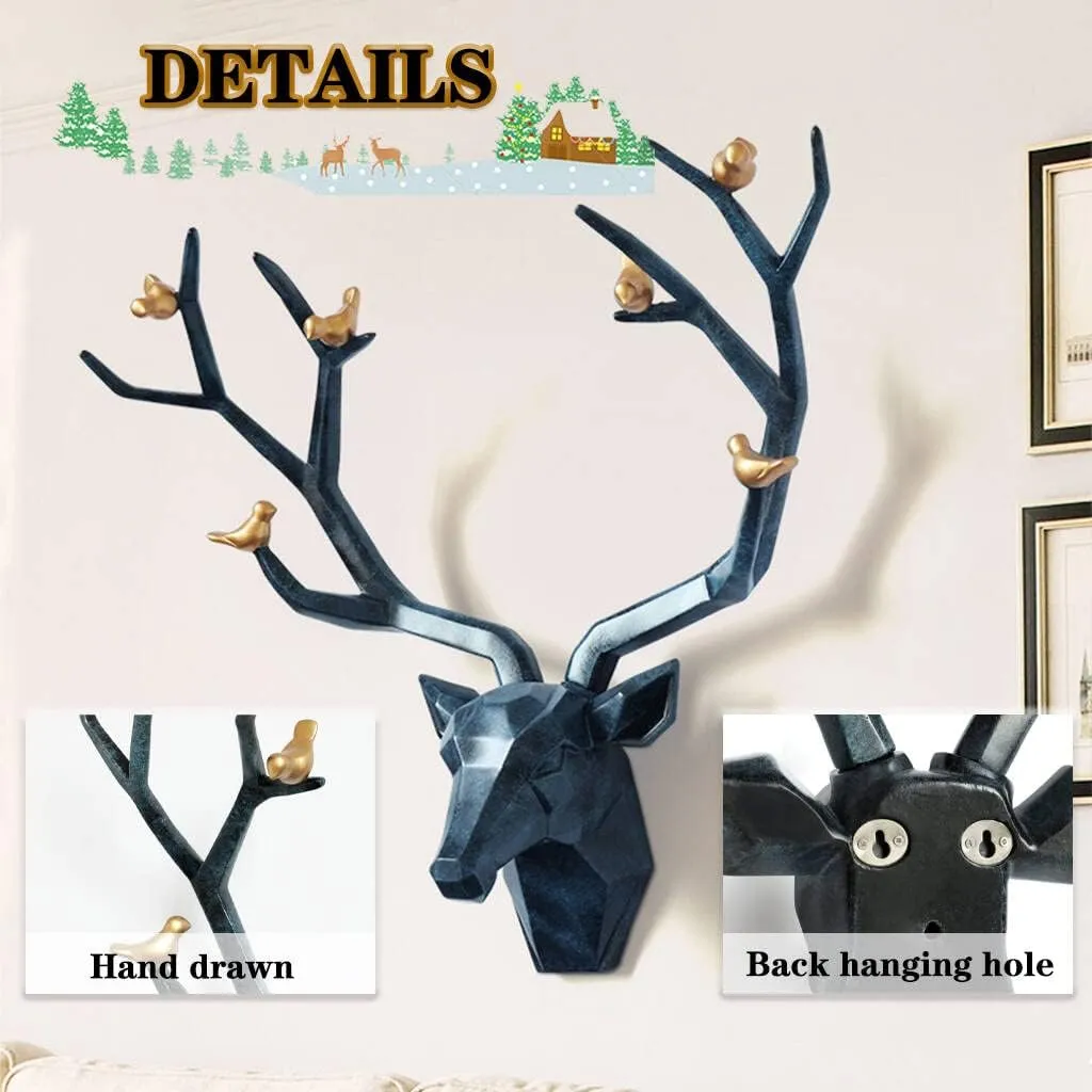 Deer Head Wall Decor Geometric Rustic Wall Mounted Deer Head, Faux Taxidermy Animal Head Wall Art Pendant, Handmade Resin Head Sculptures for Porch, Detachable Antlers, 6 Styles(Blue,20.1x20.4IN)